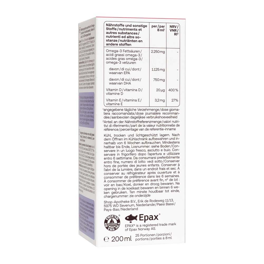 Rückseite der Verpackung von Redcare Vita Omega-3 Öl Plus. Nährwerttabelle und weitere Informationen.