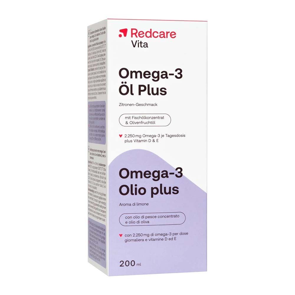 Emballage Omega-3 Öl Plus. Sur l'emballage: Redcare Vita, Omega-3 Öl Plus, goût citron.