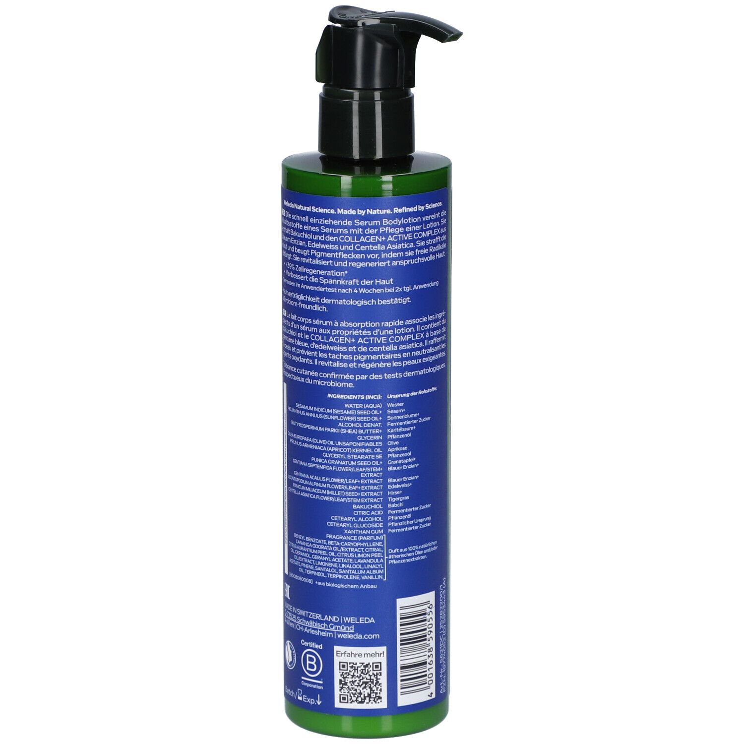 Rückseite der Flasche. Text in mehreren Sprachen. Grün-blauer Farbverlauf. Schwarzer Pumpkopf. Enthält 100% zertifizierte Naturkosmetik.