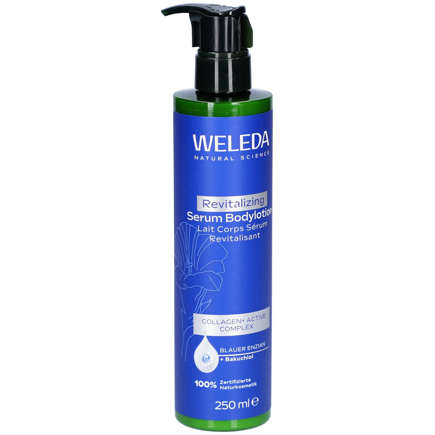Blau-grüne Flasche mit schwarzem Pumpkopf. Aufschrift: WELEDA, Revitalizing Serum Bodylotion. Enthält Blauer Enzian + Bakuchiol.