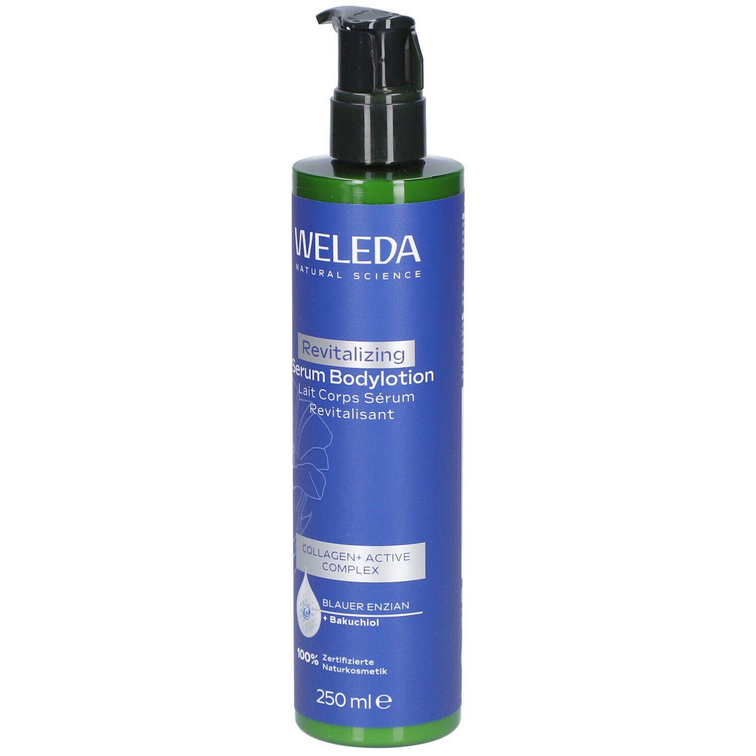 Blau-grüne Flasche mit schwarzem Pumpkopf. Aufschrift: WELEDA, Revitalizing Serum Bodylotion. Enthält Blauer Enzian + Bakuchiol.