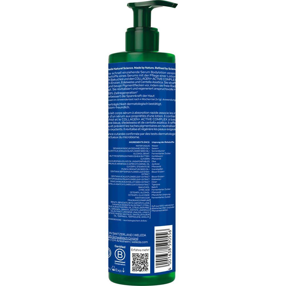 Rückseite der Weleda Revitalizing Serum Bodylotion. Text in Deutsch, Französisch, Italienisch und Niederländisch. Enthält Informationen und Inhaltsstoffe.