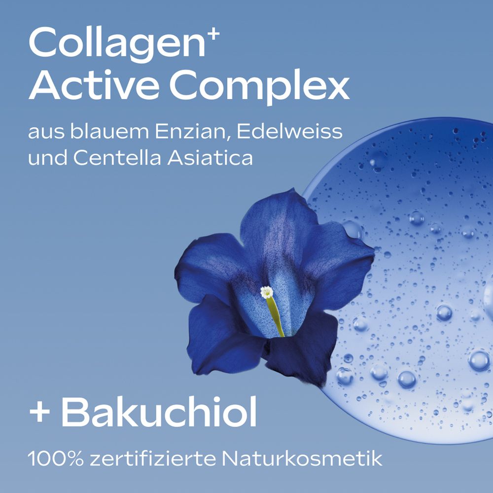 Blauer Hintergrund mit Collagen+ Active Complex, blauer Blume und Bakuchiol. 100% zertifizierte Naturkosmetik.