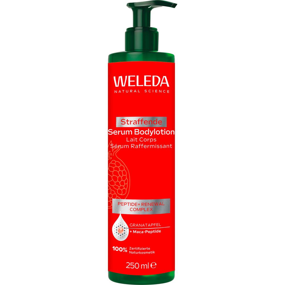 Rote Flasche mit grünem Pumpkopf. Aufschrift: Weleda Straffende Serum Bodylotion. 100% zertifizierte Naturkosmetik.