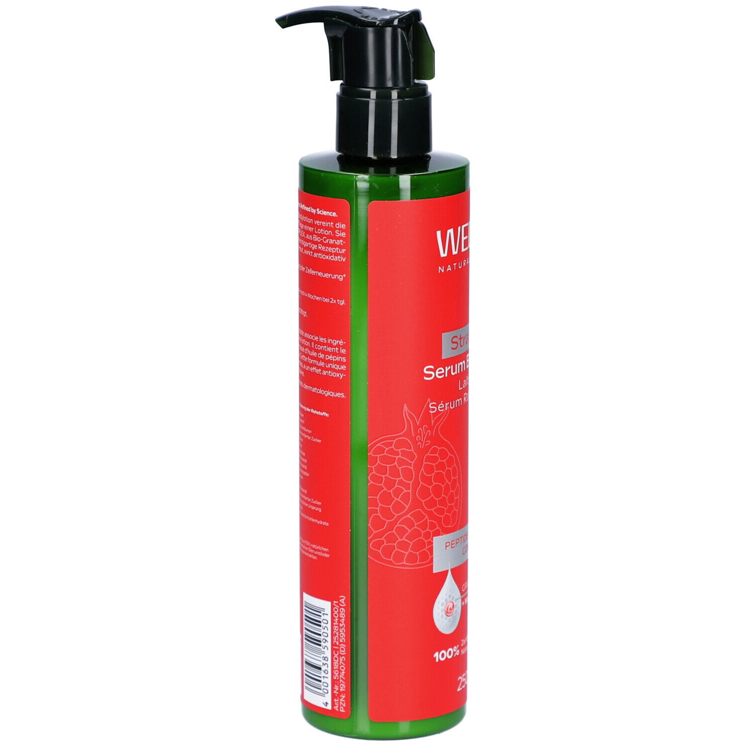 Rote Flasche mit schwarzem Pumpkopf. Aufschrift: WELEDA, Straffende Serum Bodylotion. Rückseite mit Text und Barcode.