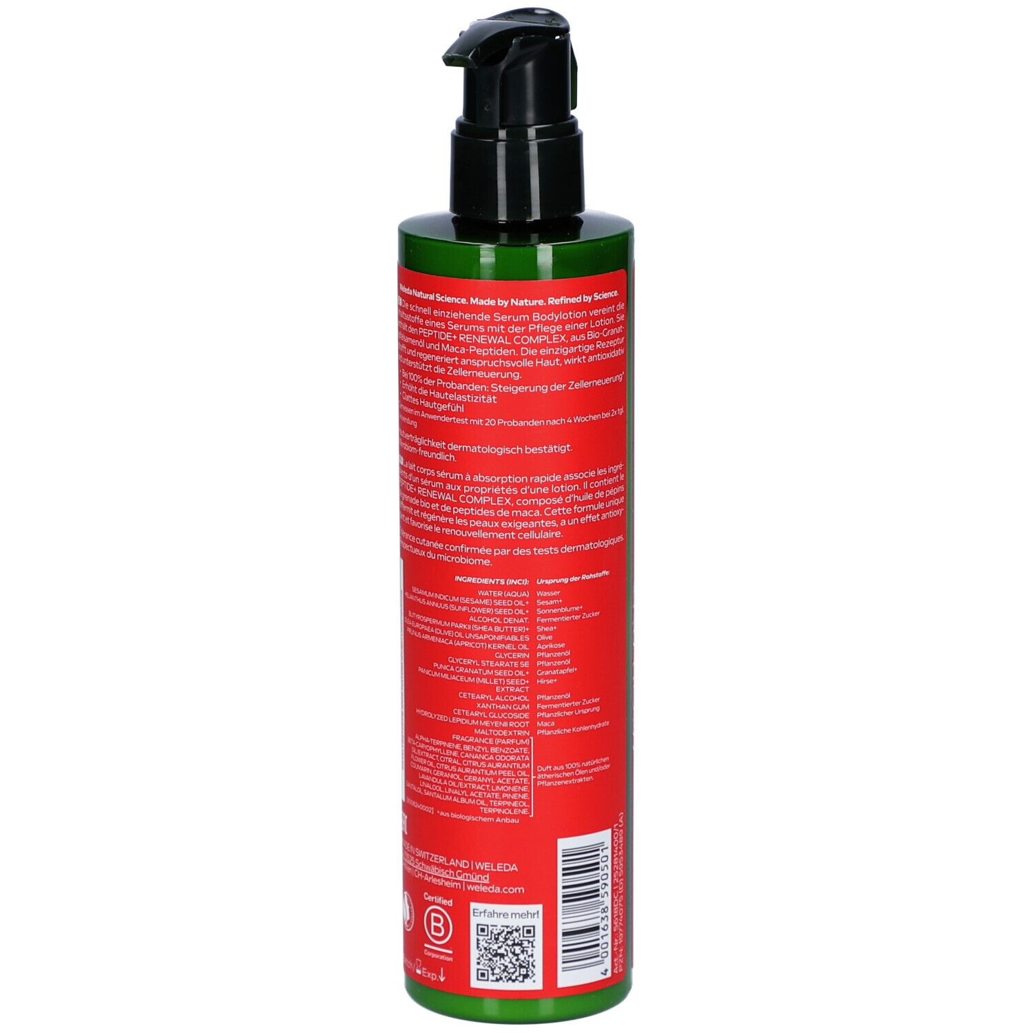 Rote Flasche mit schwarzem Pumpkopf. Rückseite mit Text, Barcode und Zertifizierung. Grüne Kappe.