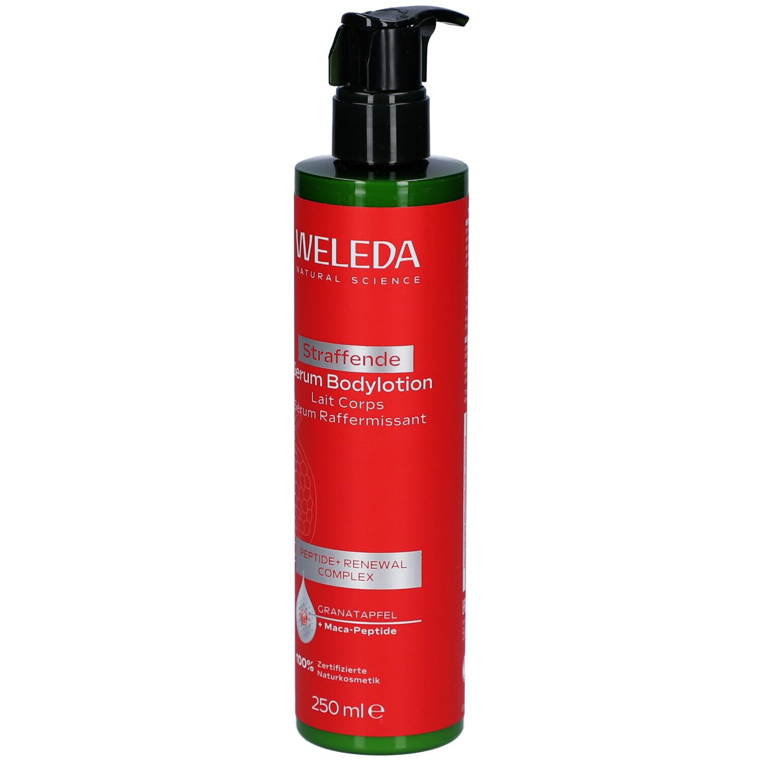 Rote Flasche mit schwarzem Pumpkopf. Aufschrift: WELEDA, Straffende Serum Bodylotion. 250 ml.