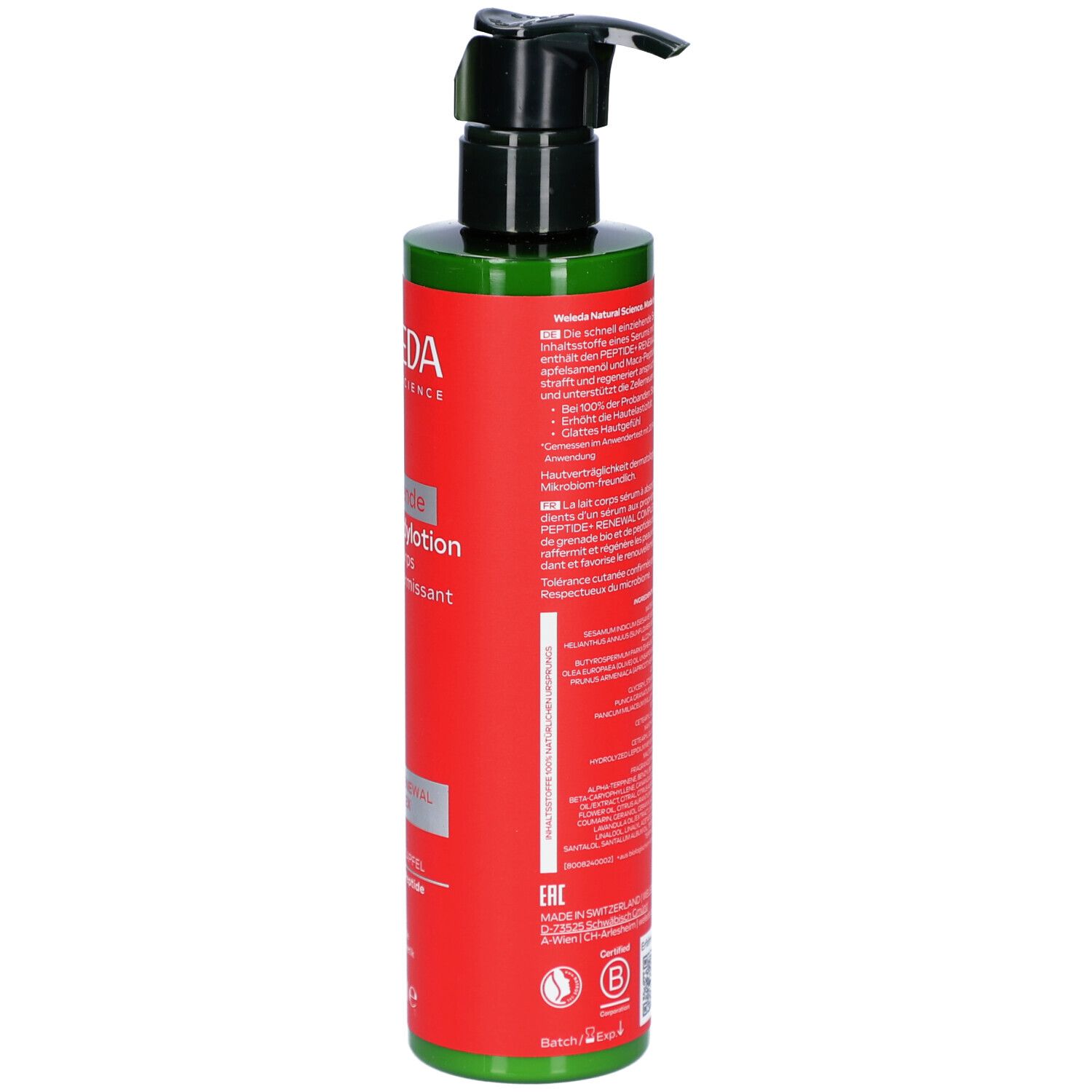 Rote Flasche mit schwarzem Pumpkopf. Rückseite mit Text, Barcode und Zertifizierung. Grüne Kappe.