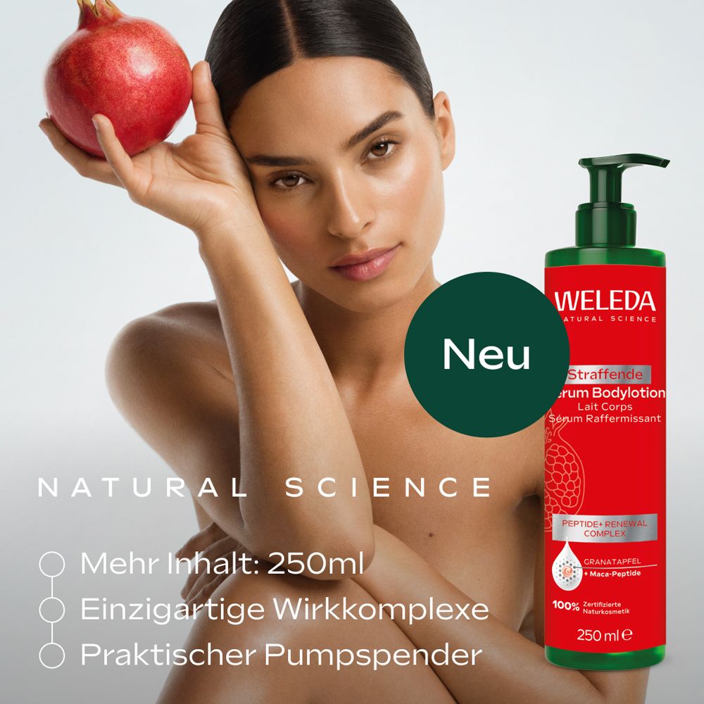 Frau mit Granatapfel und Flasche. Aufschrift: Weleda Straffende Serum Bodylotion. Neu. 250ml.