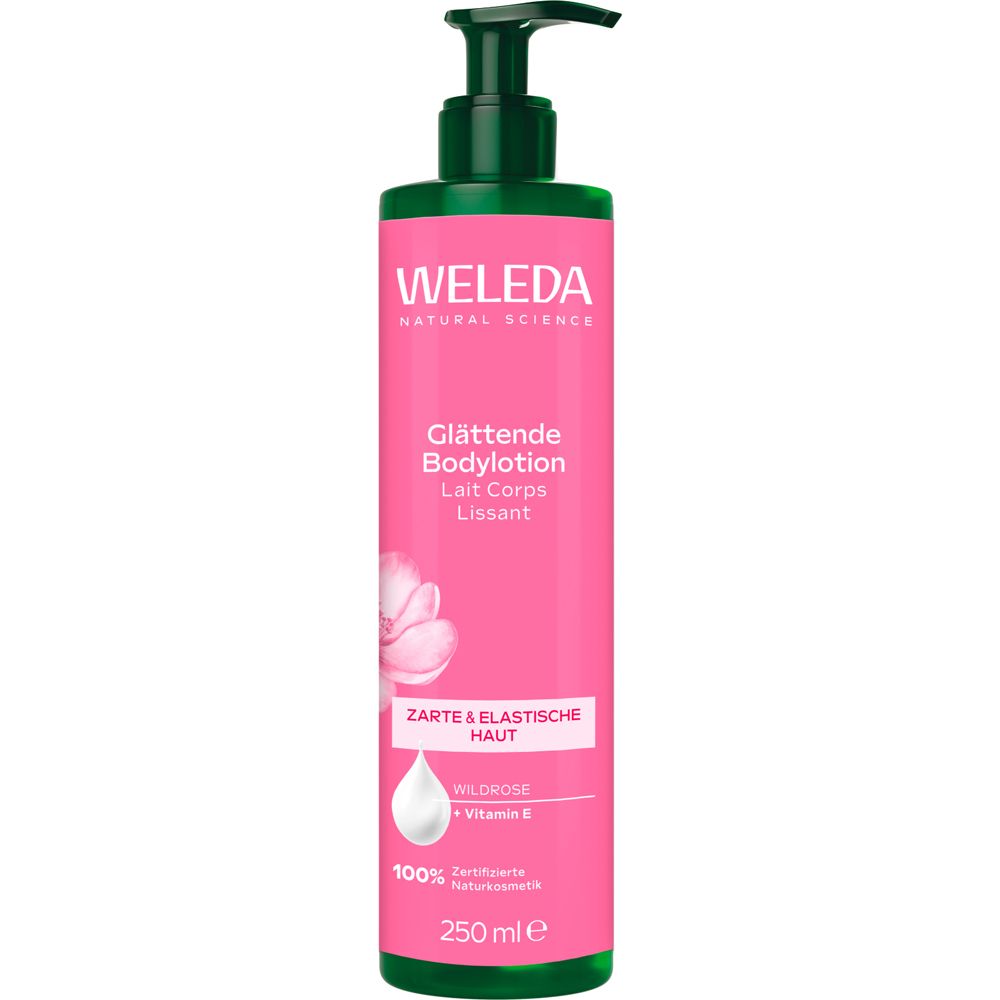 Flacon rose Weleda Bodylotion avec pompe verte. Texte : Glättende Bodylotion, Wildrose + Vitamine E. 250 ml.