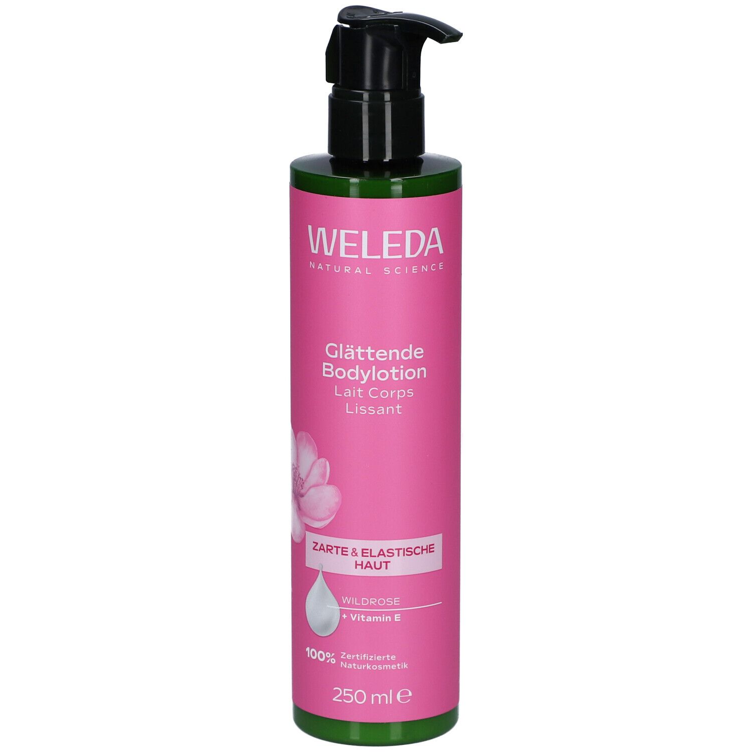 Flacon rose avec pompe noire. Inscription: WELEDA, Lait Corps Lissant, Peau douce & élastique. 250 ml.