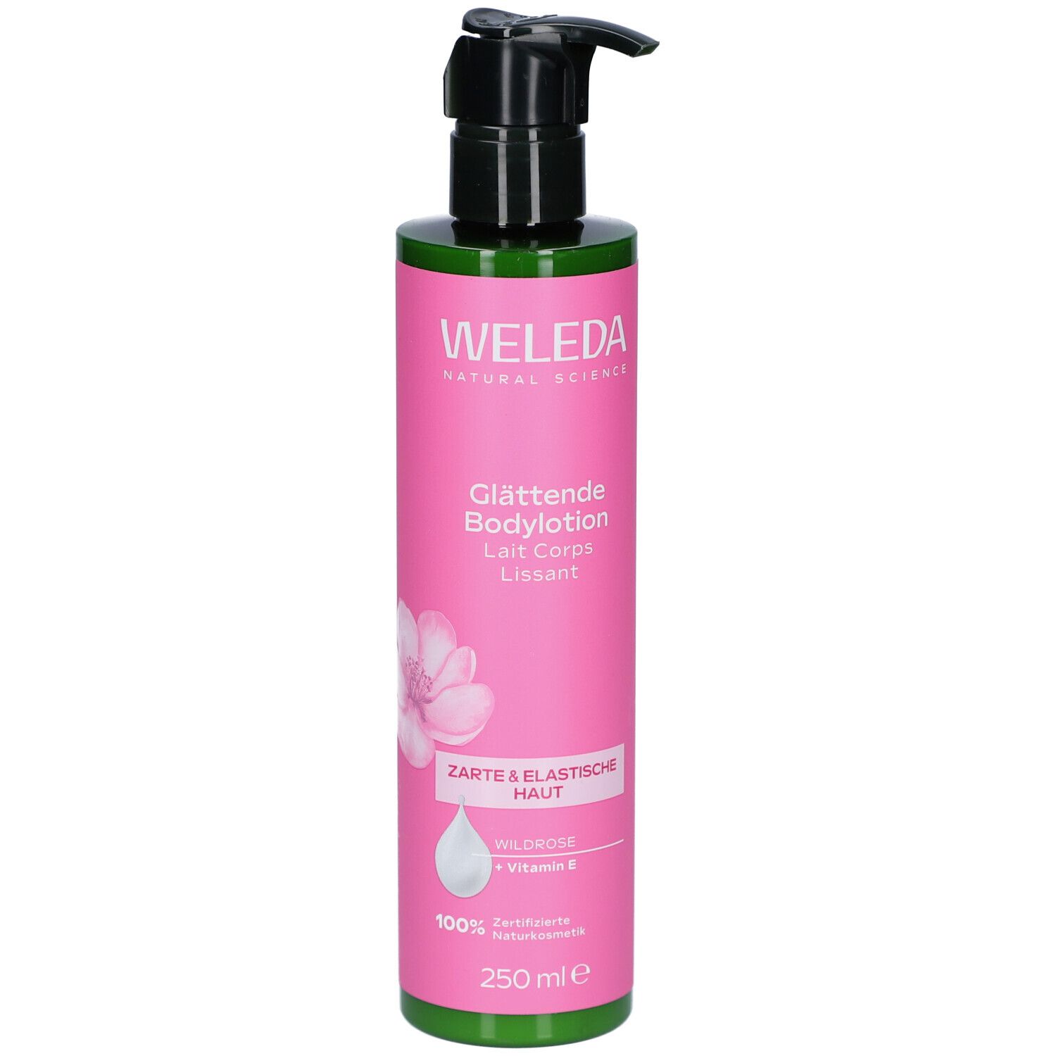 Flacon rose avec pompe noire. Inscription: WELEDA, Lait Corps Lissant, Peau douce & élastique. 250 ml.
