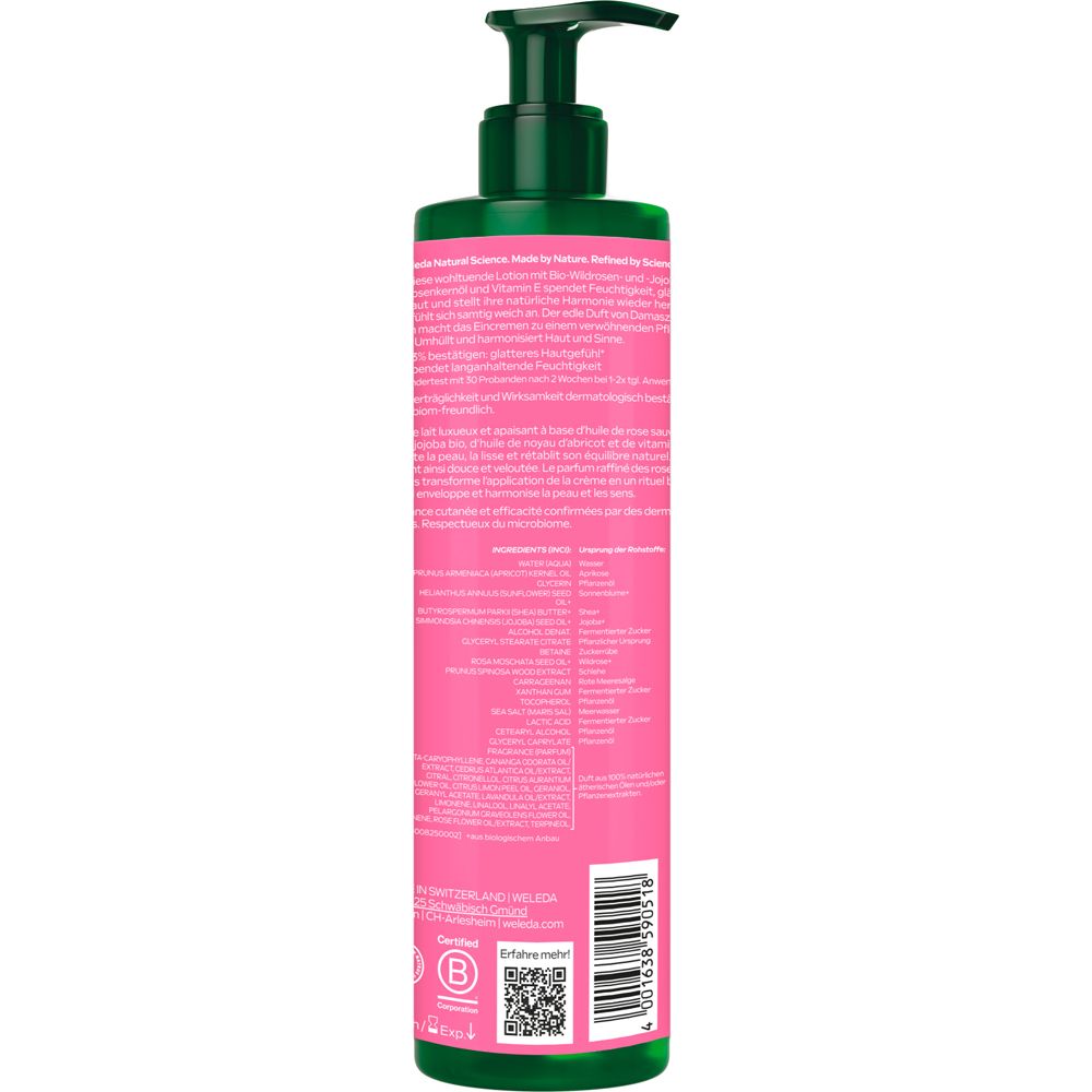 Dos du flacon de Weleda Bodylotion. Texte et ingrédients en plusieurs langues. Avec certification B Corp.