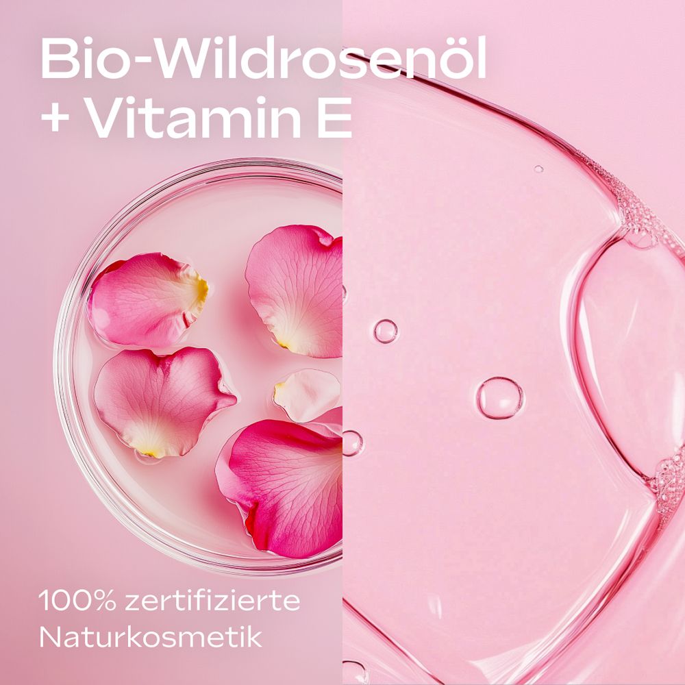 Boîte de Pétri avec huile de rose sauvage bio + vitamine E et pétales de rose. Texte : 100% cosmétiques naturels certifiés.