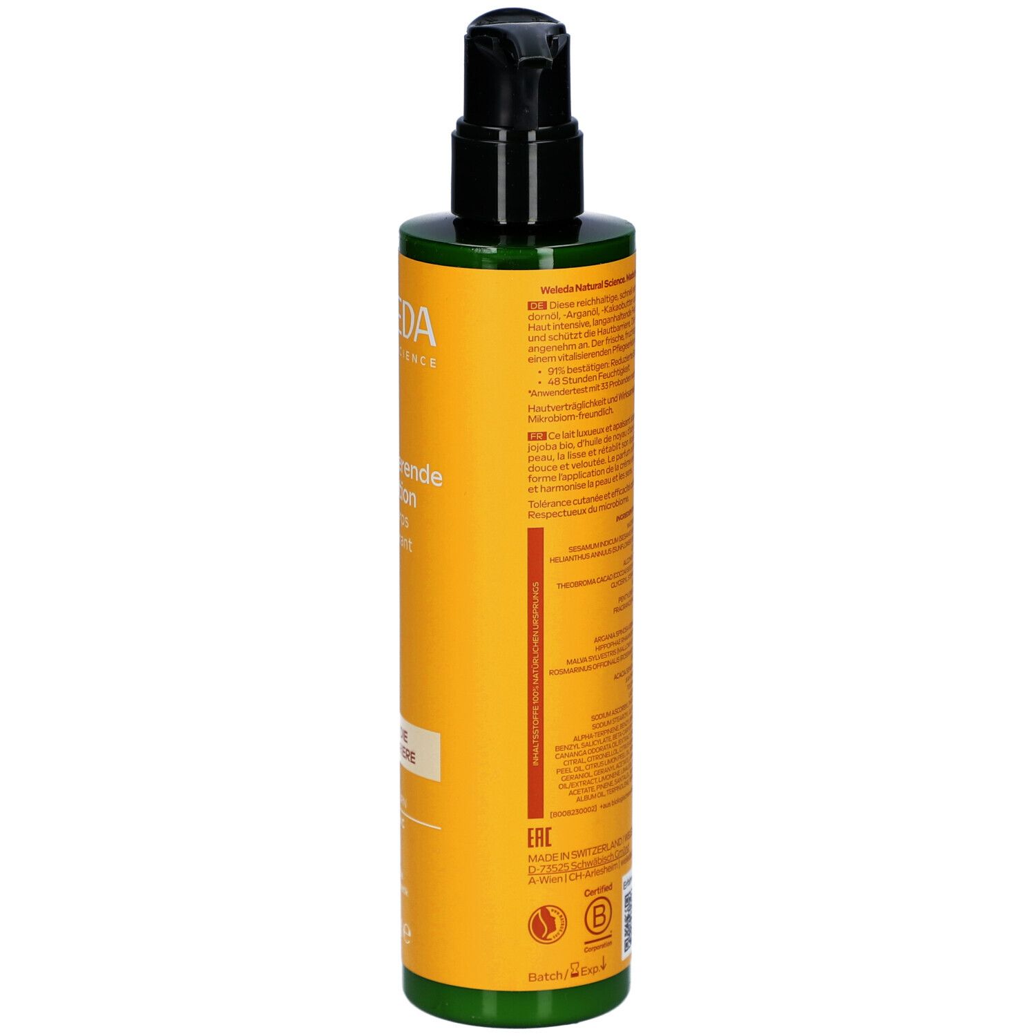 Vue arrière du flacon jaune avec bord vert et pompe noire. Texte en allemand. Contient de l'argousier et de la vitamine C. 250 ml.