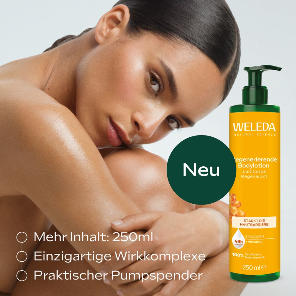 Frau mit Weleda Bodylotion. Flasche neben ihr. Text: Mehr Inhalt, einzigartige Wirkkomplexe, Pumpspender.