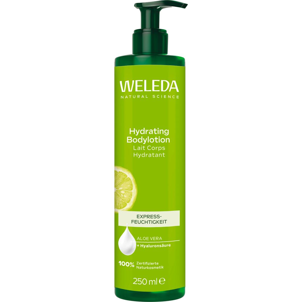 Flacon vert avec pompe. Inscription: WELEDA, Hydrating Bodylotion, Hydratation express, Aloe Vera + Acide hyaluronique. 250 ml.
