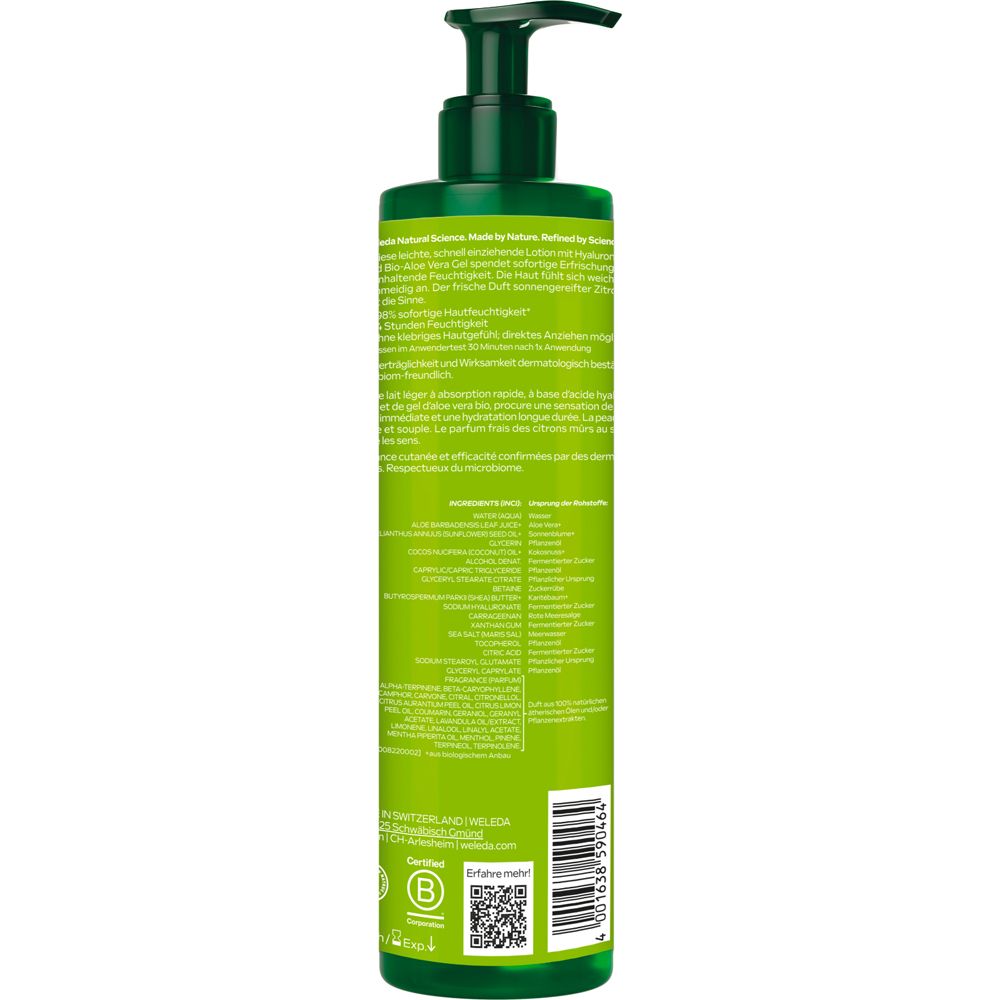 Dos du flacon vert. Texte avec ingrédients et certifications. Code QR et logo B Corp.