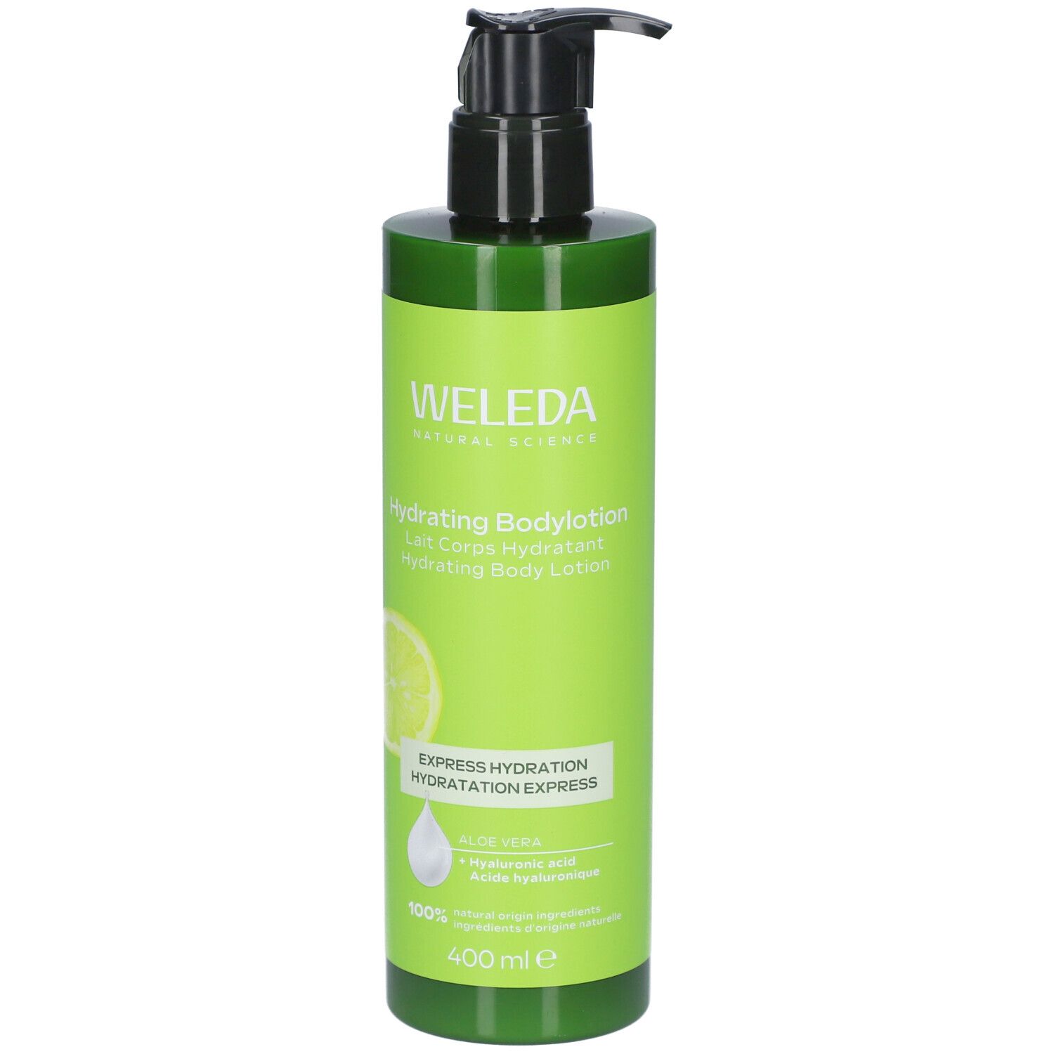 Flacon vert avec pompe noire. Inscription: WELEDA, Hydrating Bodylotion. Avec graphique de citron et texte: EXPRESS HYDRATION.