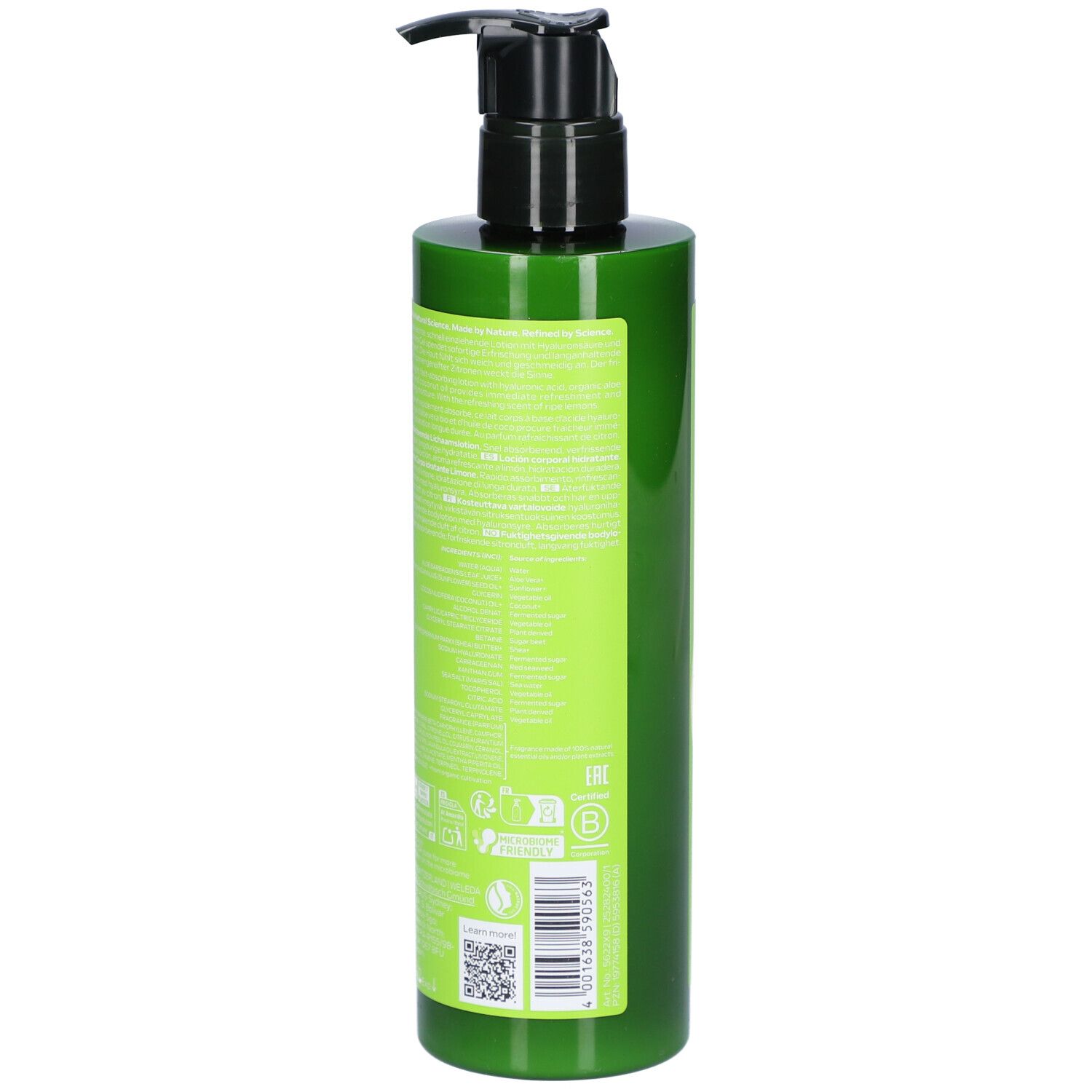 Flacon vert avec pompe noire. Dos avec texte et code QR. Inscription: WELEDA, Hydrating Bodylotion.