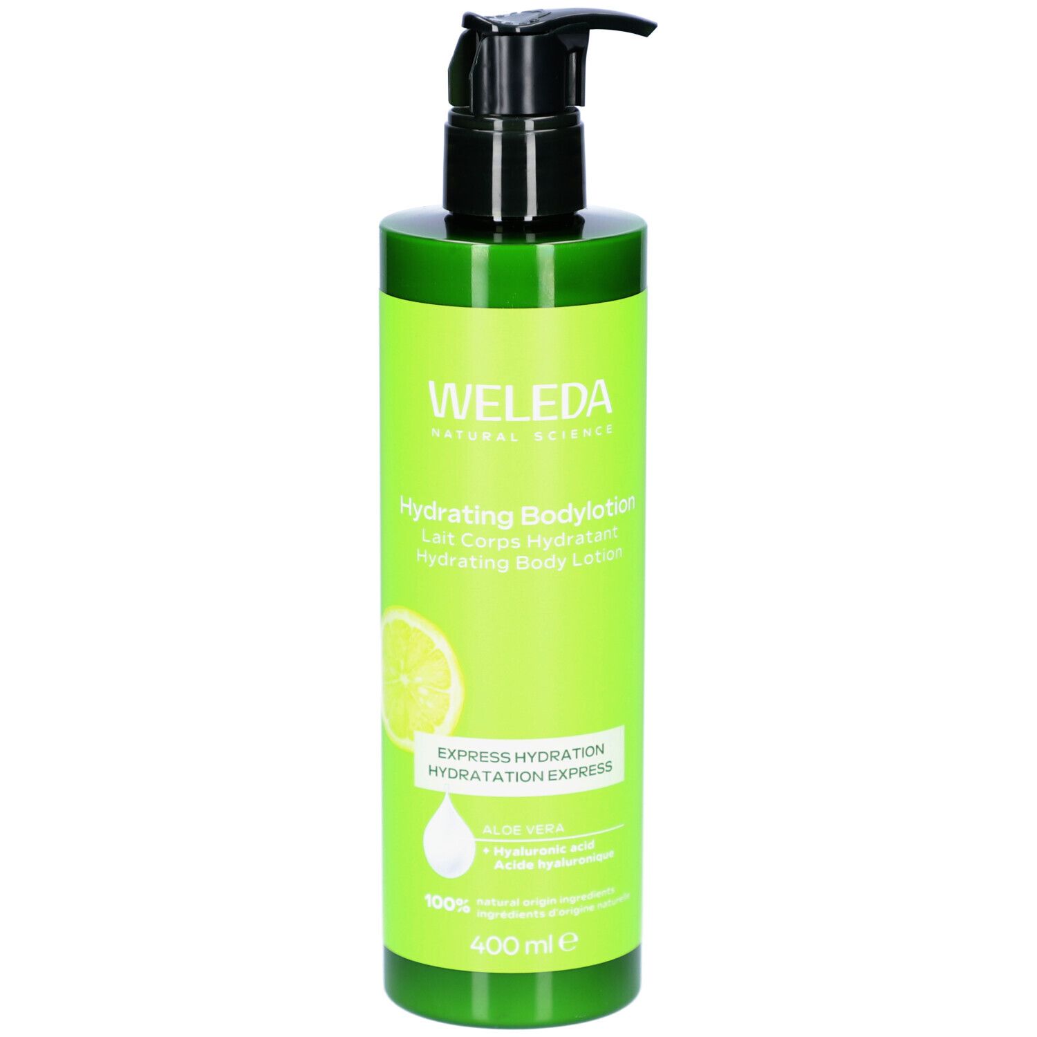 Flacon vert avec pompe noire. Inscription: WELEDA, Hydrating Bodylotion. Avec graphique de citron et texte: EXPRESS HYDRATION.