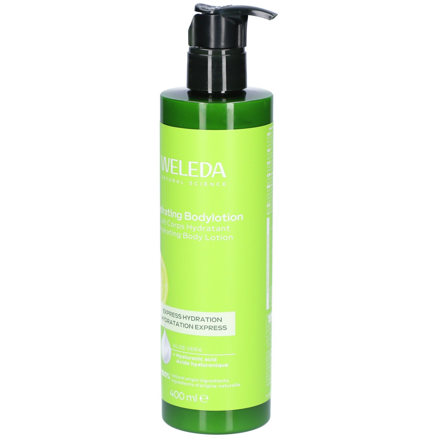 Flacon vert avec pompe noire. Inscription: WELEDA, Hydrating Bodylotion. Avec graphique de citron et texte: EXPRESS HYDRATION.