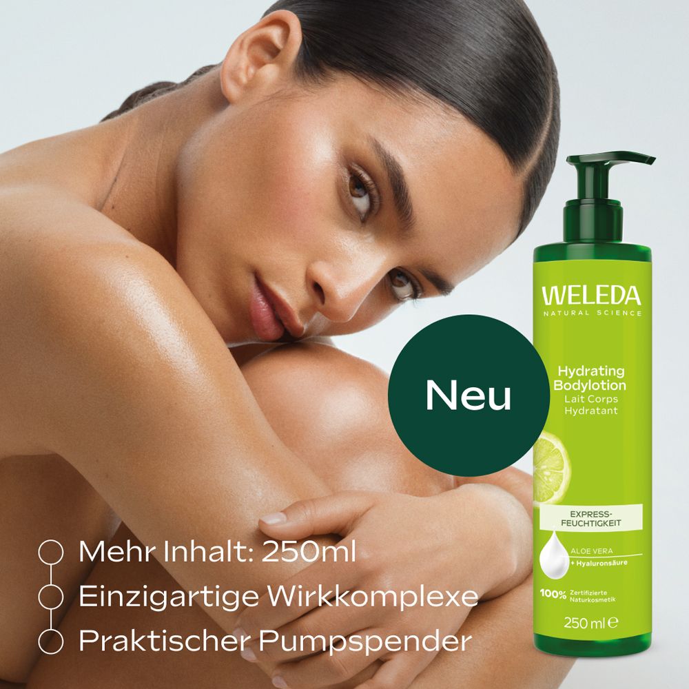 Weleda Hydrating Bodylotion. Grüne Flasche mit Pumpe. Text: Neu, 250ml, einzigartige Wirkkomplexe, praktischer Pumpspender.