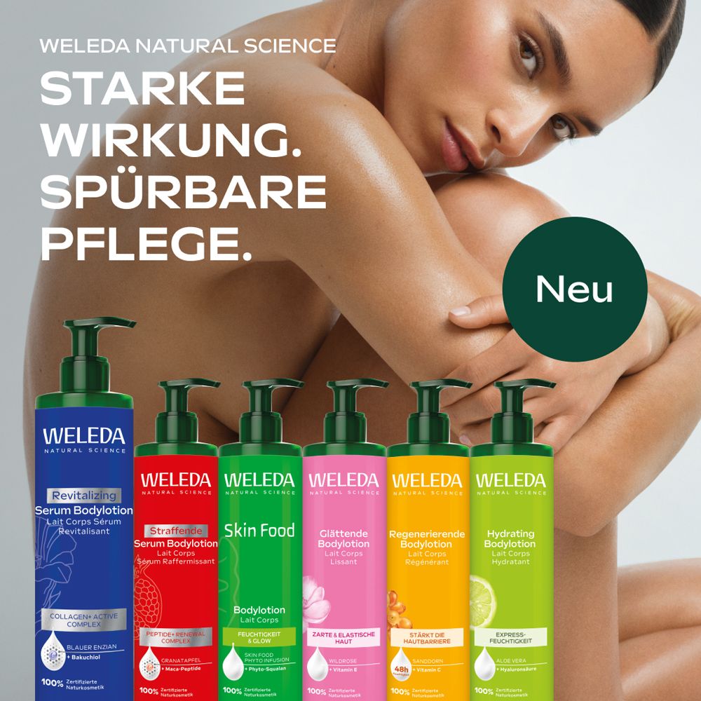 Weleda Bodylotions. Text: Starke Wirkung. Spürbare Pflege. Verschiedene Produkte.