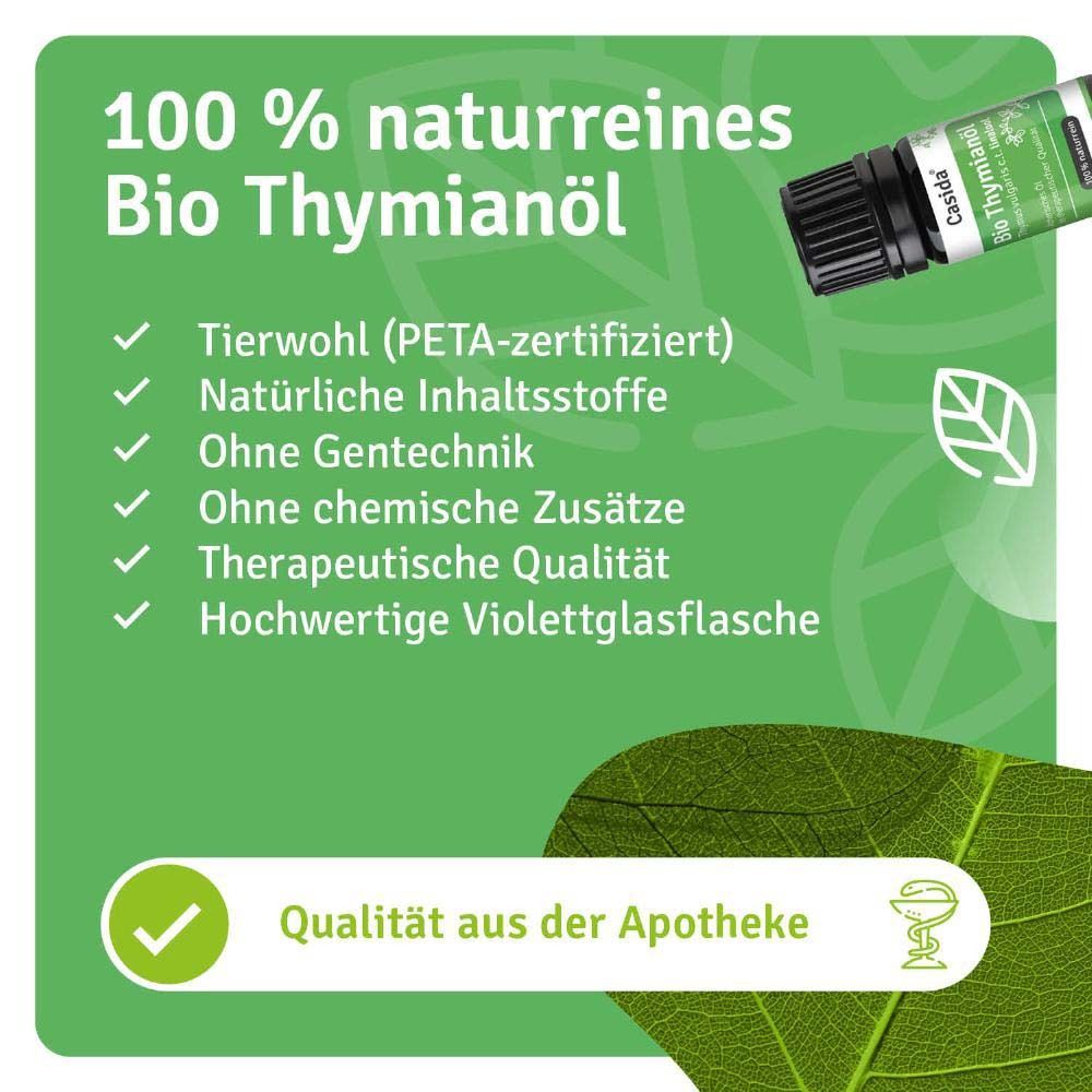 Flacon de produit à côté du texte. Texte : 100% huile essentielle de thym bio naturelle. Qualité pharmacie.