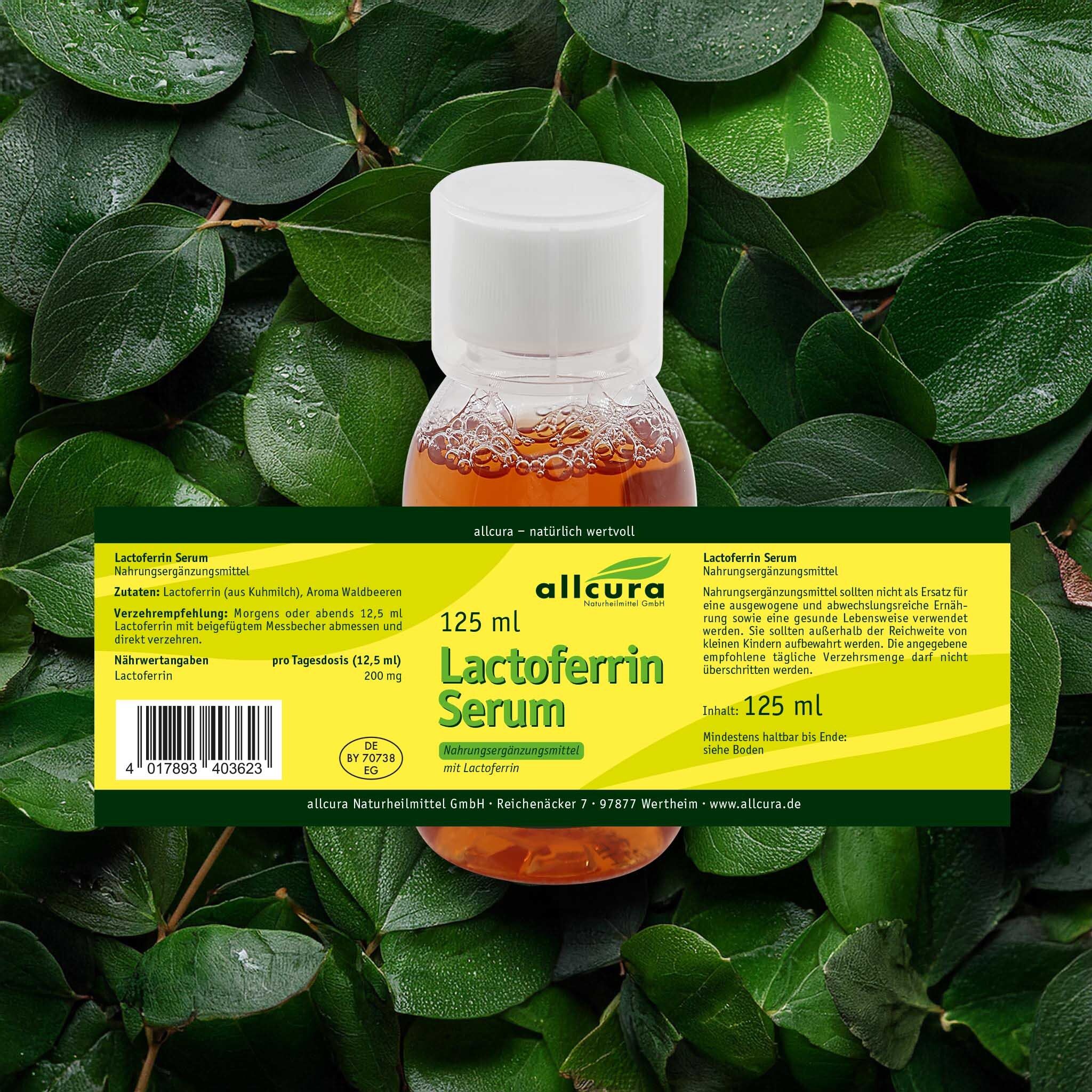 Bouteille de produit sur fond vert. Étiquette jaune avec informations. Texte : Lactoferrin Serum, 125 ml.