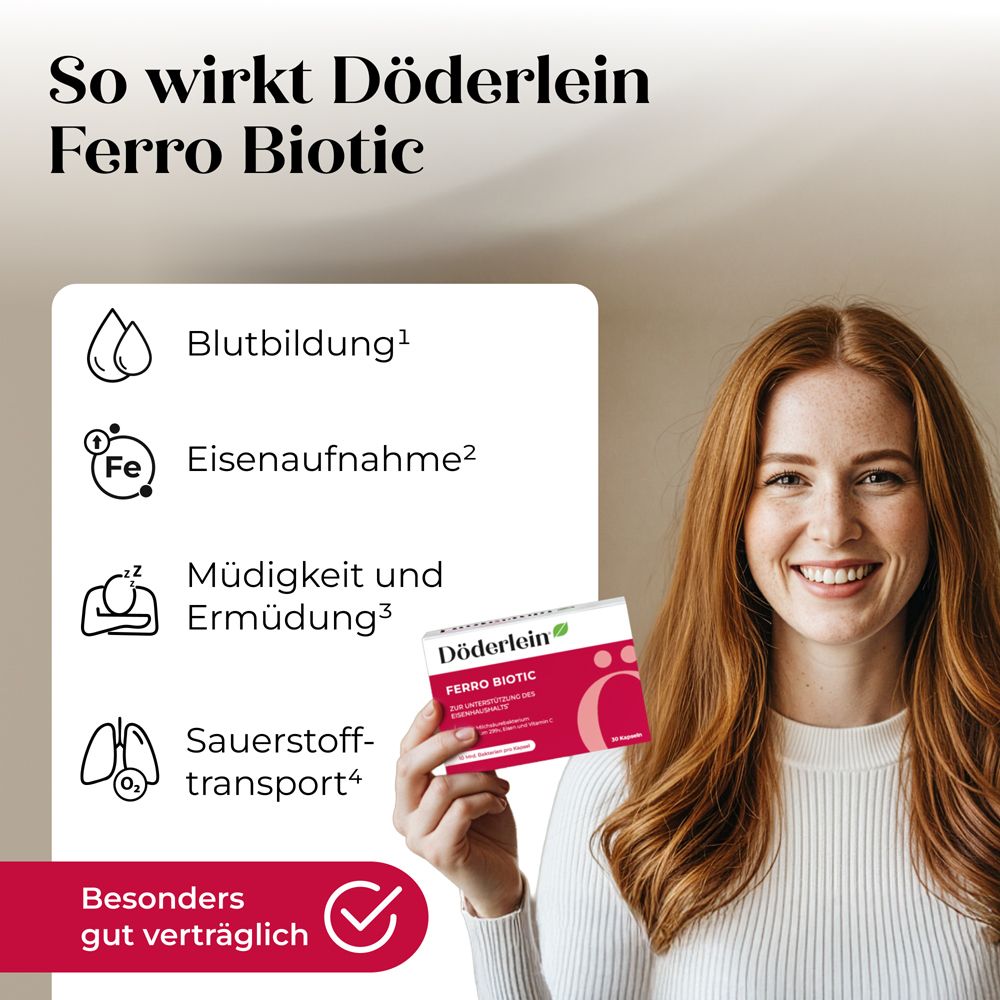 Frau hält Döderlein Ferro Biotic-Packung. Text: Blutbildung, Eisenaufnahme, Müdigkeit, Sauerstofftransport.