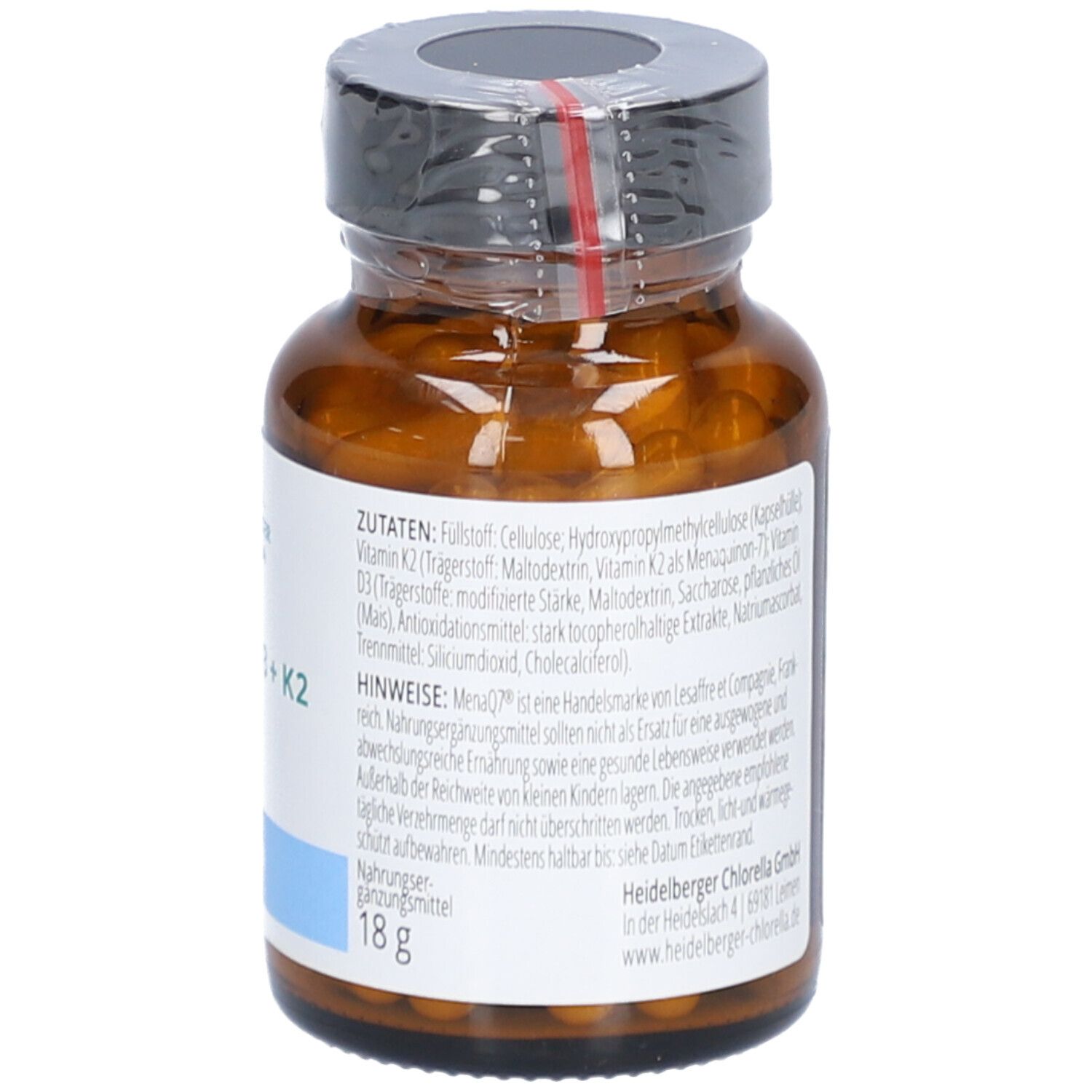 Rückseite der braunen Glasflasche mit Kapseln. Zutatenliste, Hinweise und Nährwertangaben. 18g.