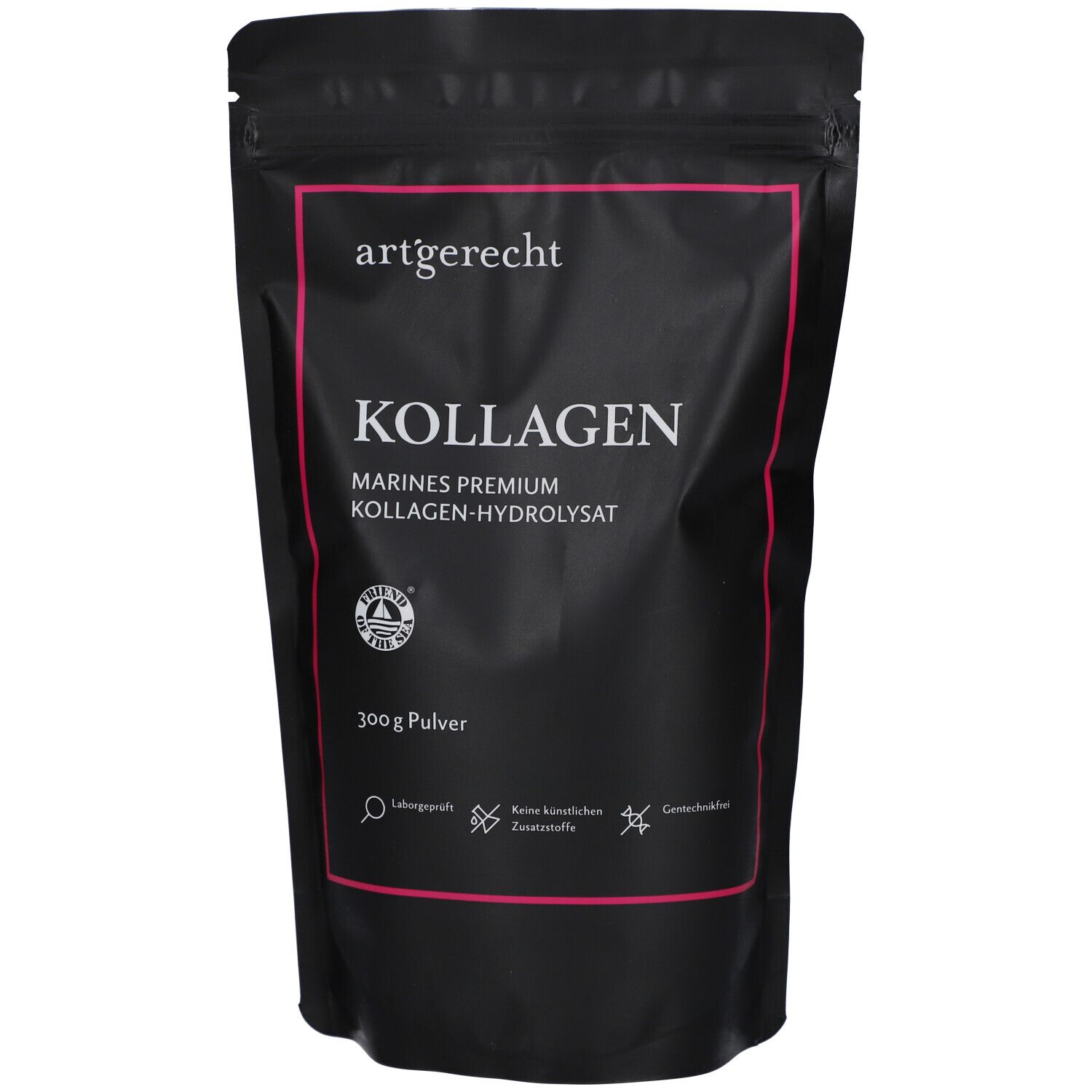 Sachet noir avec cadre rose et texte 'artgerecht KOLLAGEN'. Contient 300g de poudre. Sceau.