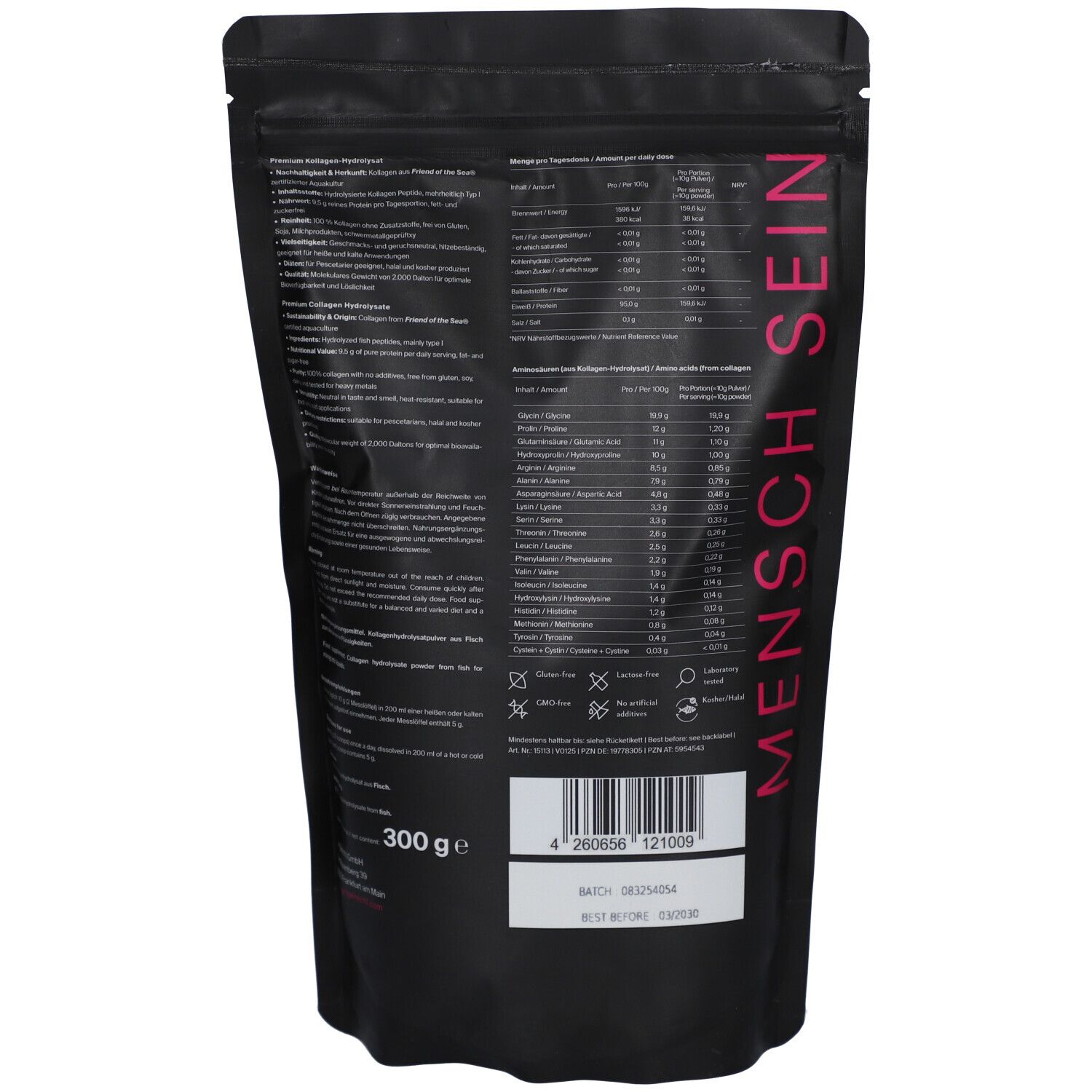 Dos du sachet noir. Contient du texte, des informations nutritionnelles et un code-barres. Texte 'MENSCH SEIN'.