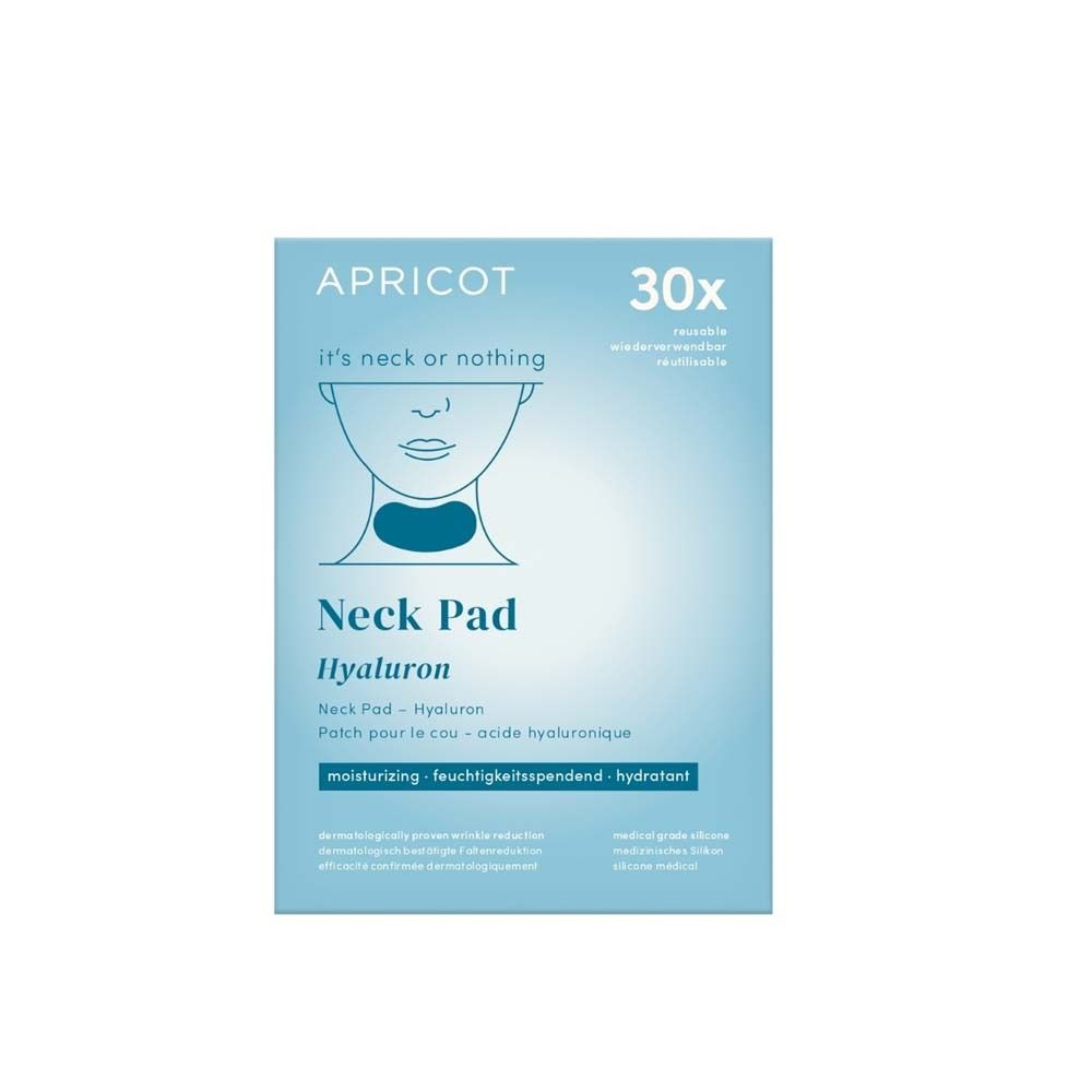 Verpackung APRICOT Neck Pad mit Hyaluron. Aufdruck: Neck Pad, Hyaluron. Enthält 30 Pads.