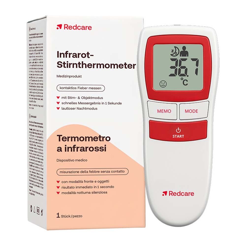 Infrarot-Stirnthermometer und Verpackung. Weißes Gerät mit roter Akzentfarbe. Digitalanzeige mit Temperatur. Verpackung mit Produktnamen.