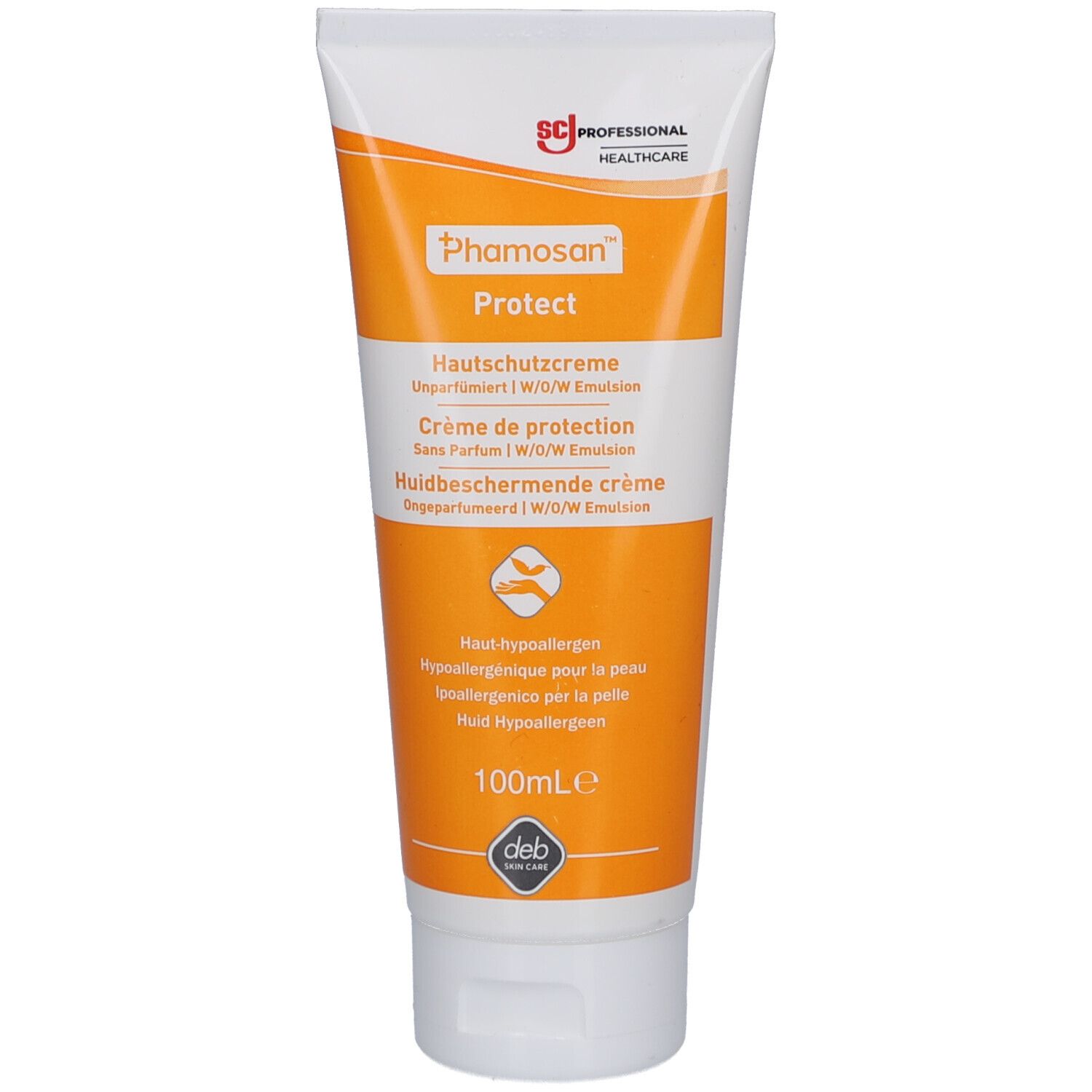 Weiße Tube mit orangefarbenem Streifen. Aufschrift: Phamosan Protect Hautschutzcreme. Enthält W/O Emulsion. 100ml.