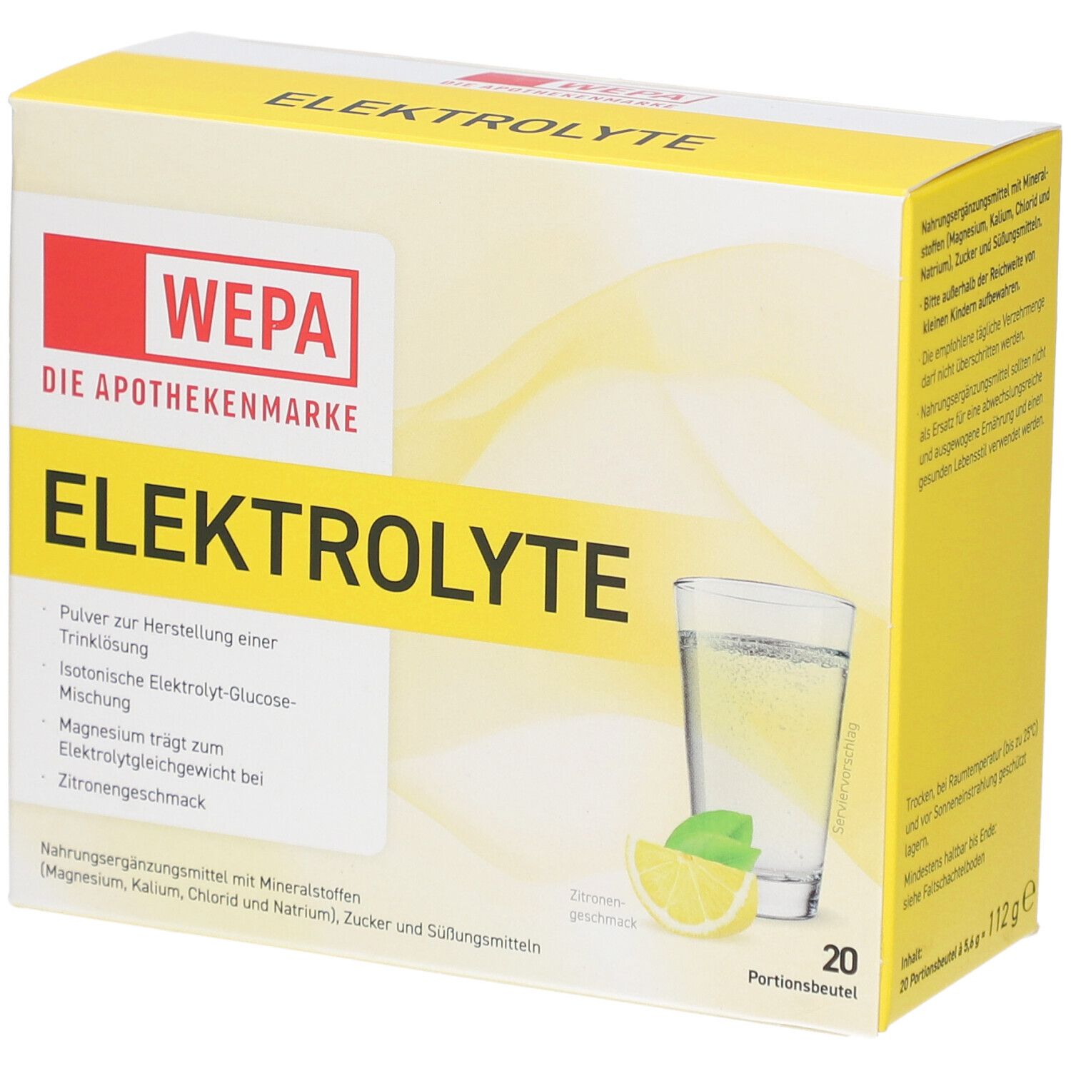 Boîte jaune avec "WEPA Elektrolyte". Contient 20 portions. Verre avec boisson et citron représentés.