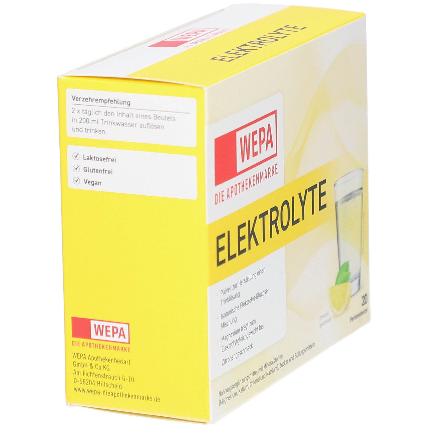 Boîte jaune avec "WEPA Elektrolyte". Contient 20 portions. Inscription: sans lactose, sans gluten, vegan.