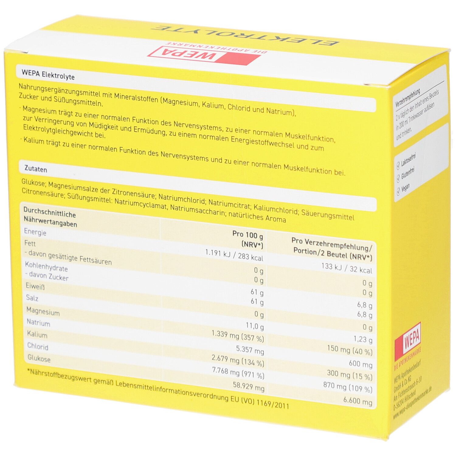 Dos de la boîte jaune avec informations nutritionnelles et ingrédients. "WEPA Elektrolyte" et logo.