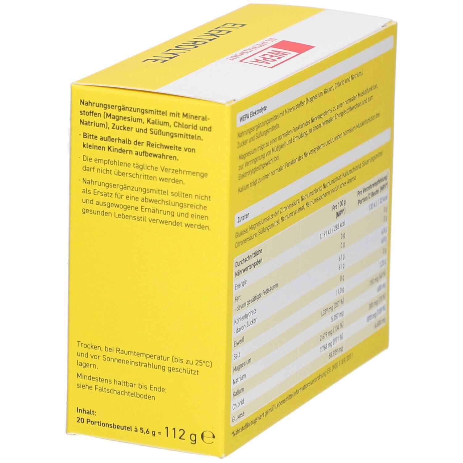 Vue latérale de la boîte jaune avec texte. Contient 20 portions. "WEPA Elektrolyte" et logo.
