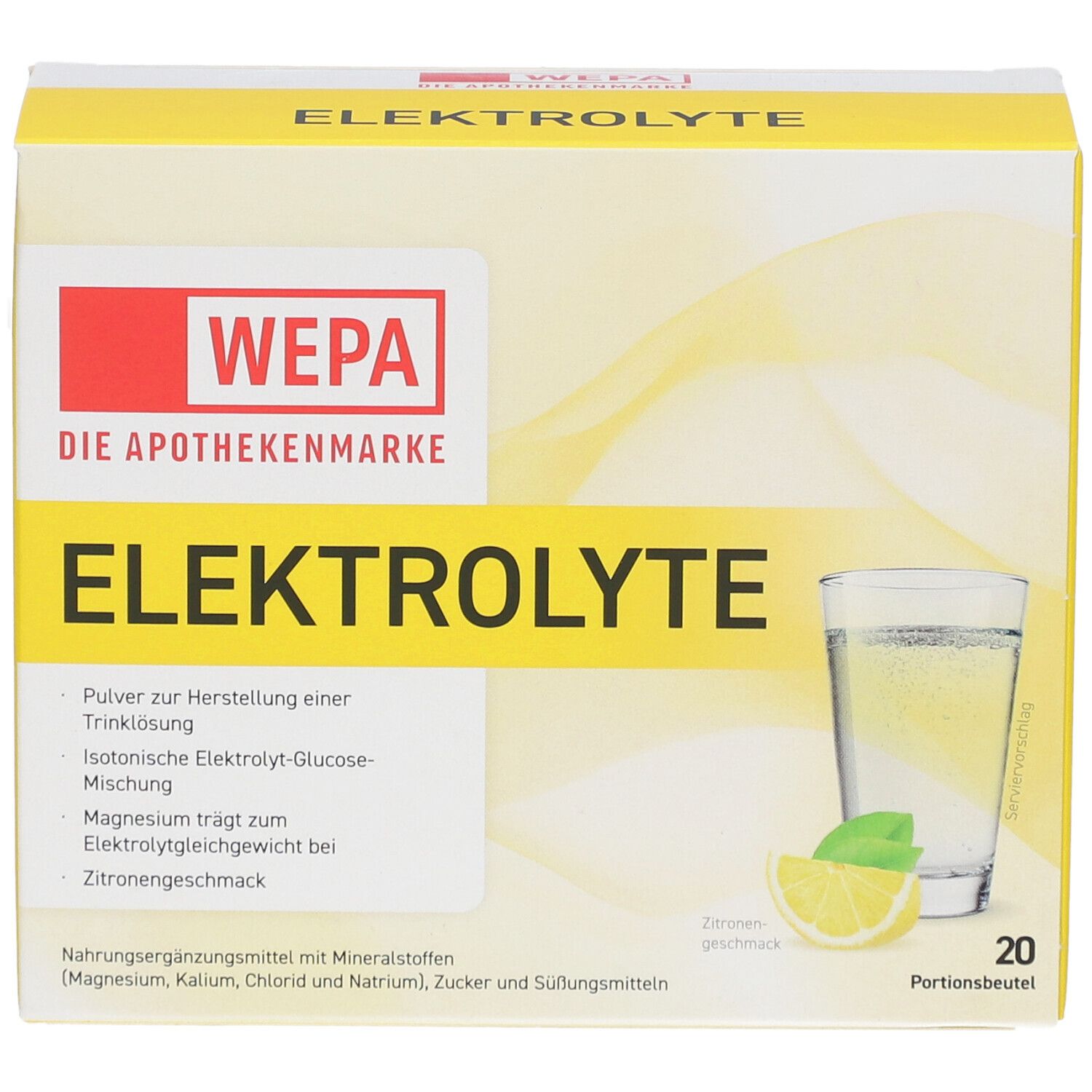 Boîte jaune avec "WEPA Elektrolyte". Contient 20 portions. Verre avec boisson et citron représentés.