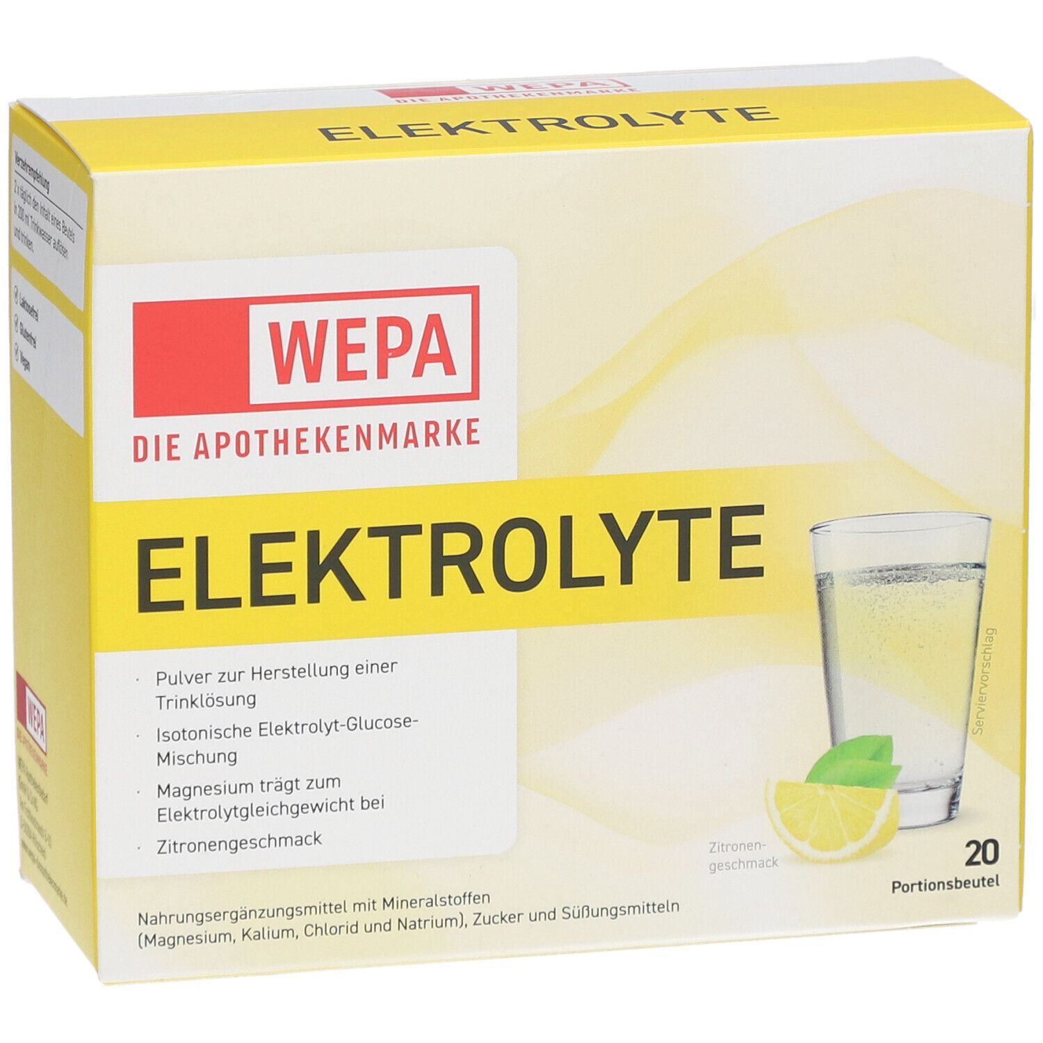Boîte jaune avec "WEPA Elektrolyte". Contient 20 portions. Verre avec boisson et citron représentés.