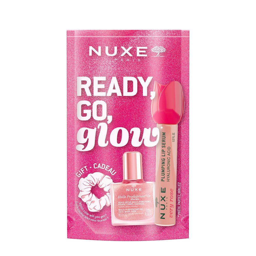Coffret cadeau rose NUXE. Contient sérum à lèvres, vernis à ongles et chouchou. Texte: Ready, Go, Glow.