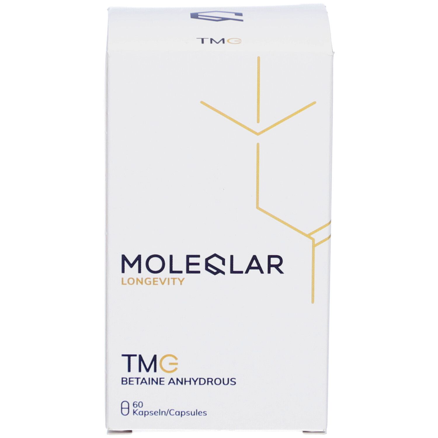 Weiße Schachtel mit Logo und Text. Aufschrift: MOLEQLAR, TMG, Betain Anhydrous, 60 Kapseln/Capsules.