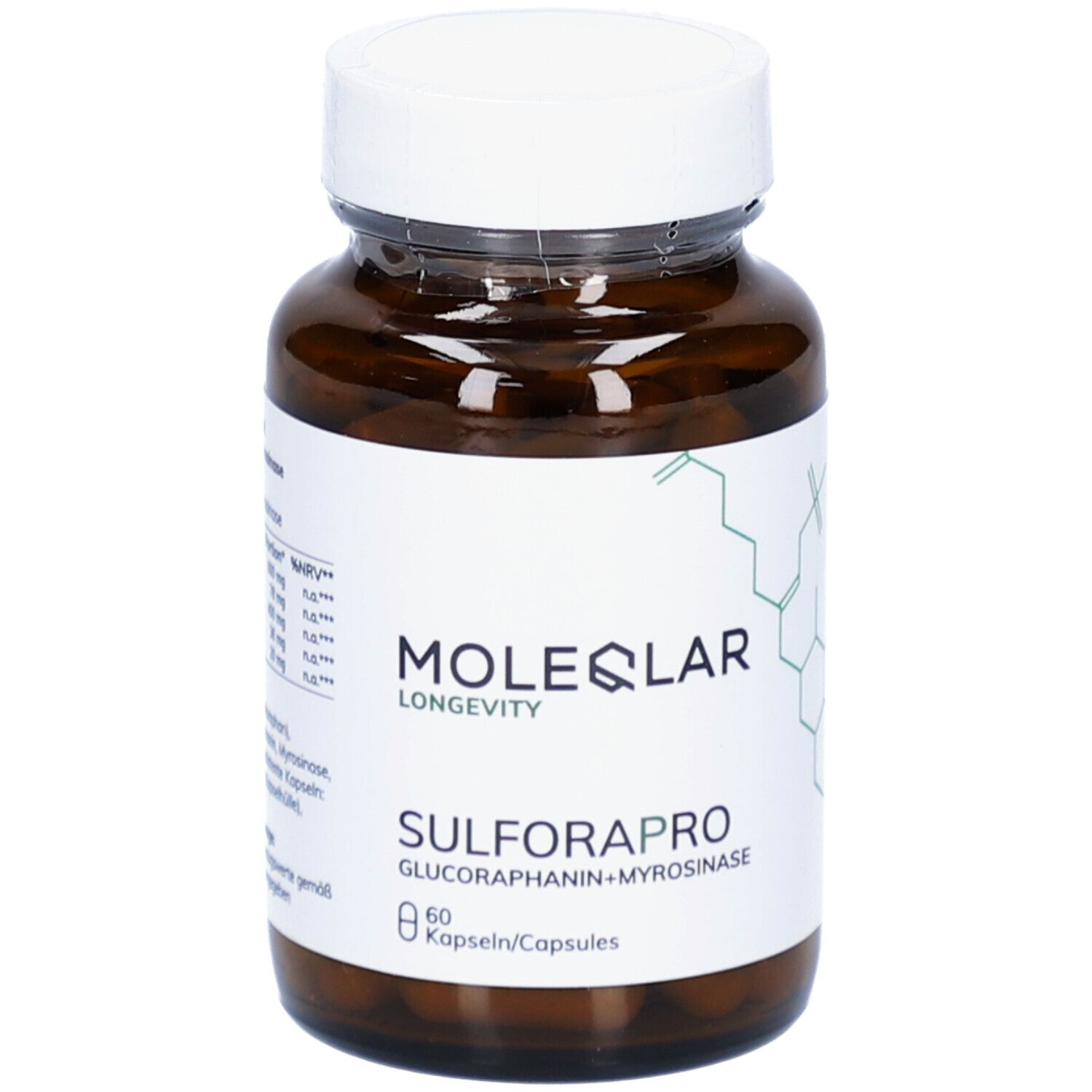 Flacon en verre brun avec étiquette blanche. Inscription: MOLEQLAR, SULFAROPRO, 60 gélules. Contient Glucoraphanin+Myrosinase.