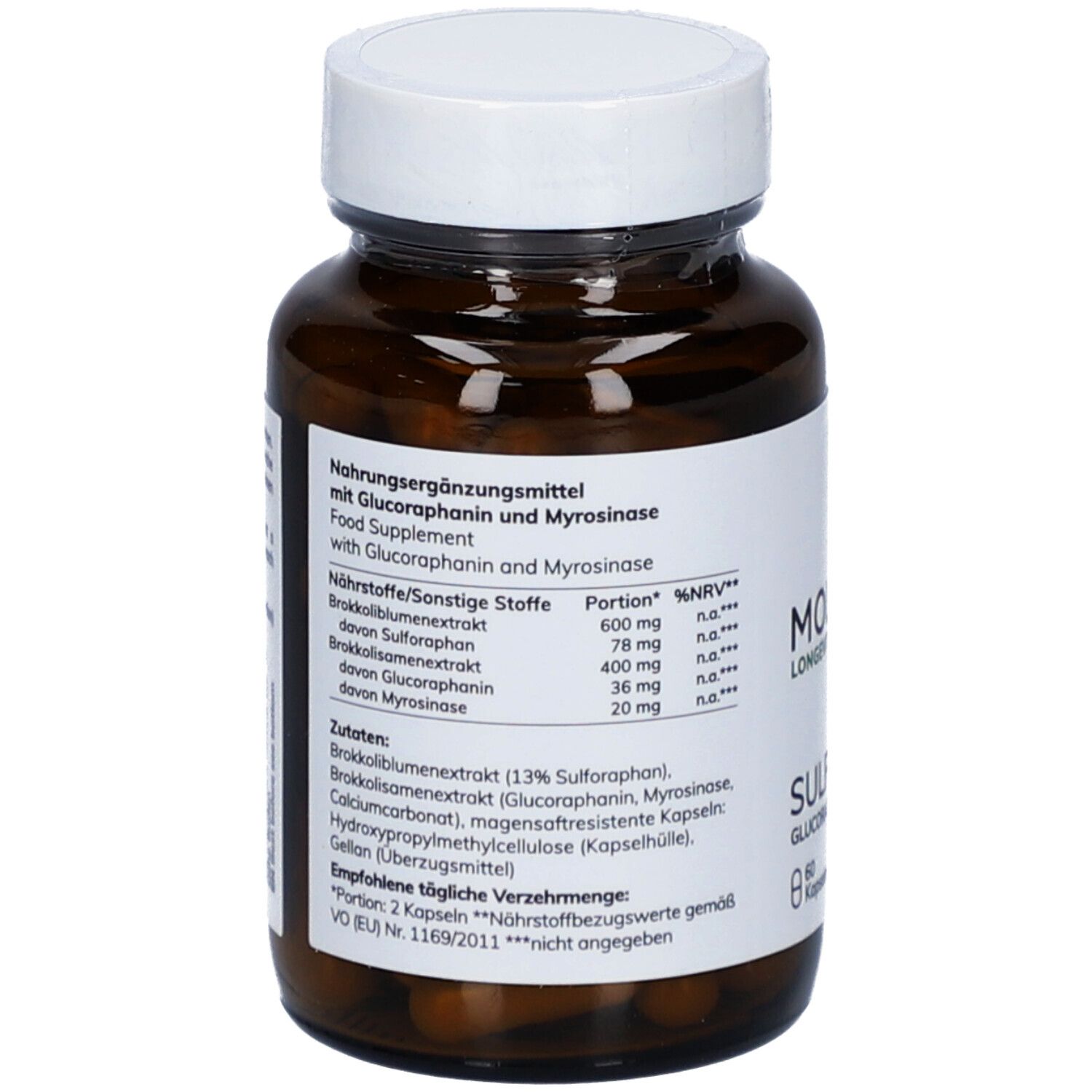 Dos d'une bouteille en verre brun avec étiquette blanche. Contient des informations sur les ingrédients et les valeurs nutritionnelles. Inscription: SULFAROPRO.