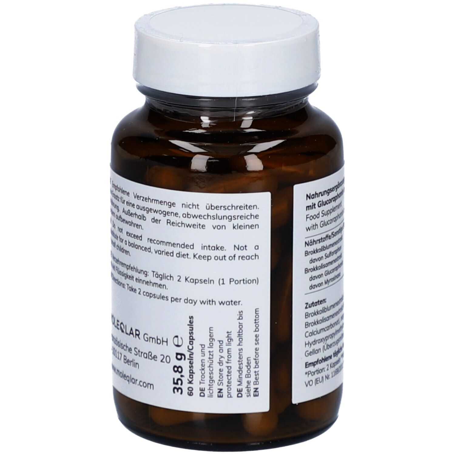 Flacon en verre brun avec couvercle blanc et étiquette. Contient 60 gélules. Inscription: MOLEQLAR, SULFAROPRO. Poids: 35,8 g.