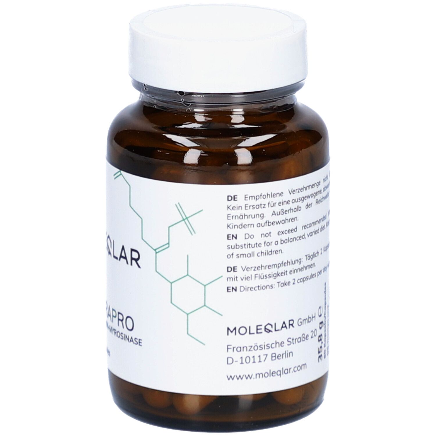 Flacon en verre brun avec couvercle blanc et étiquette. Inscription: MOLEQLAR, SULFAROPRO, 60 gélules. Contient Glucoraphanin+Myrosinase.