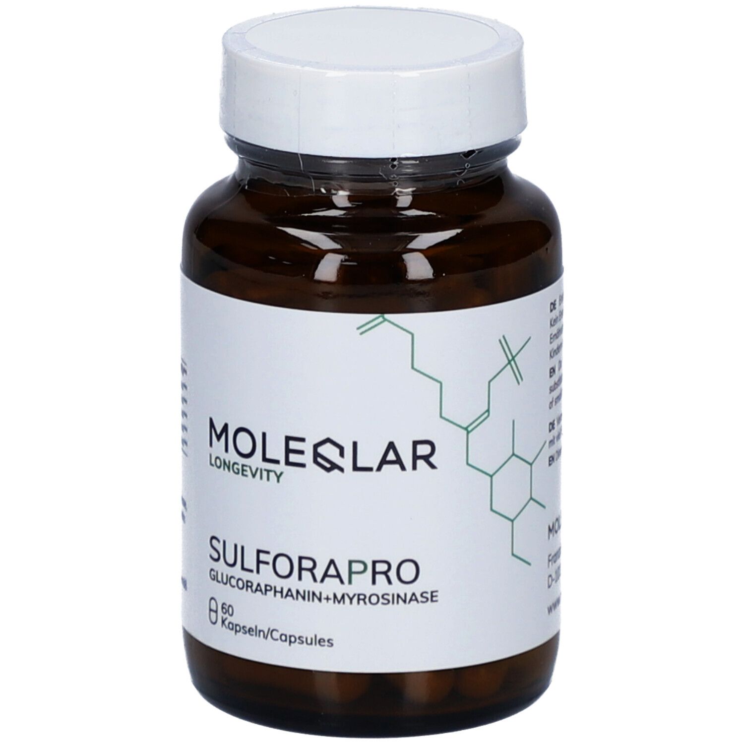 Flacon en verre brun avec couvercle blanc et étiquette. Inscription: MOLEQLAR, SULFAROPRO, 60 gélules. Contient Glucoraphanin+Myrosinase.